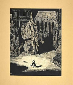 Castle in Night - Woodcut by David Lucas - Early 20th century