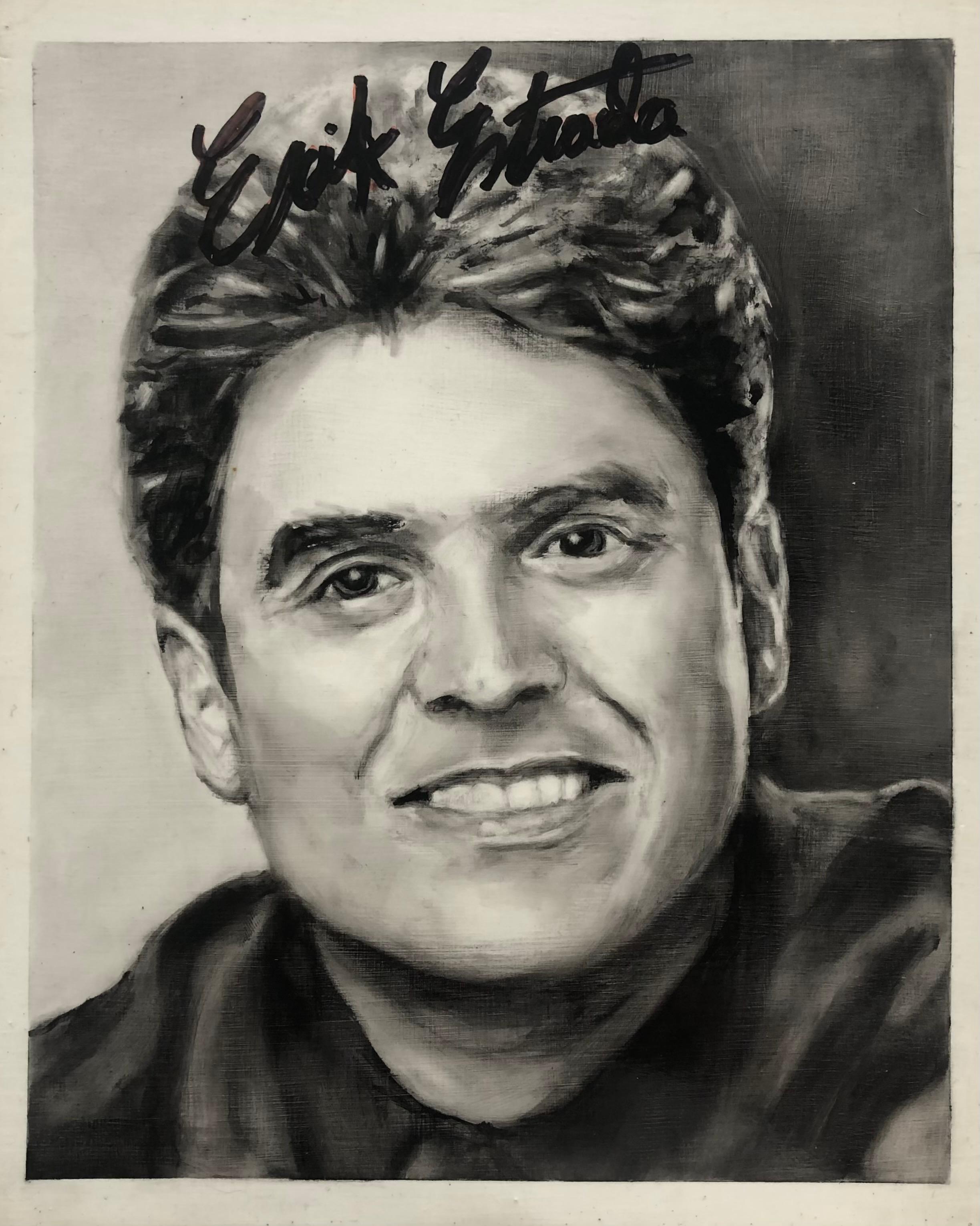 David Lyle Figurative Painting - Erik Estrada - Black and White Celebrity Portrait Oil Painting