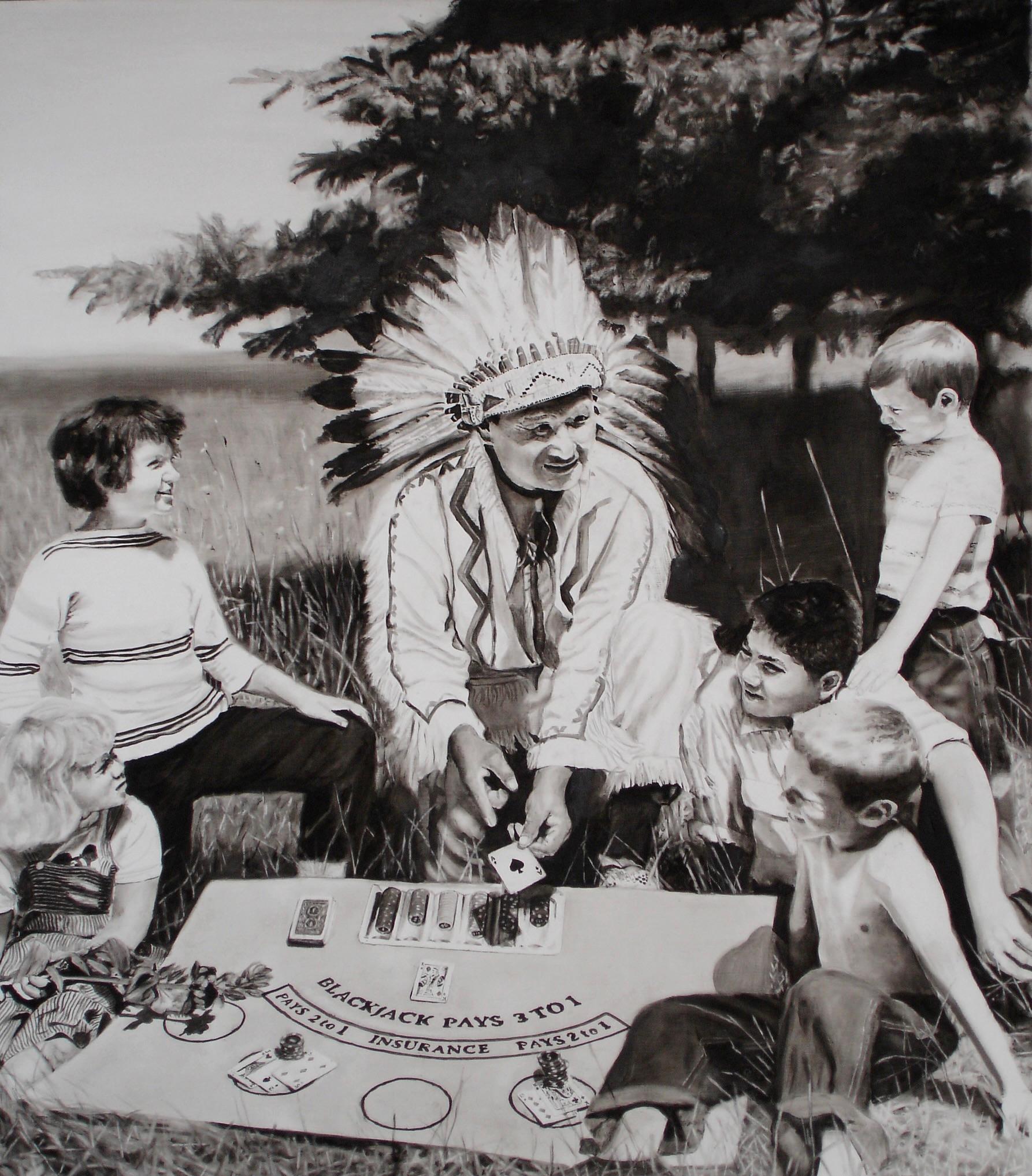 Portrait Painting David Lyle - « La maison gagne toujours » - Peinture à l'huile figurative en noir et blanc