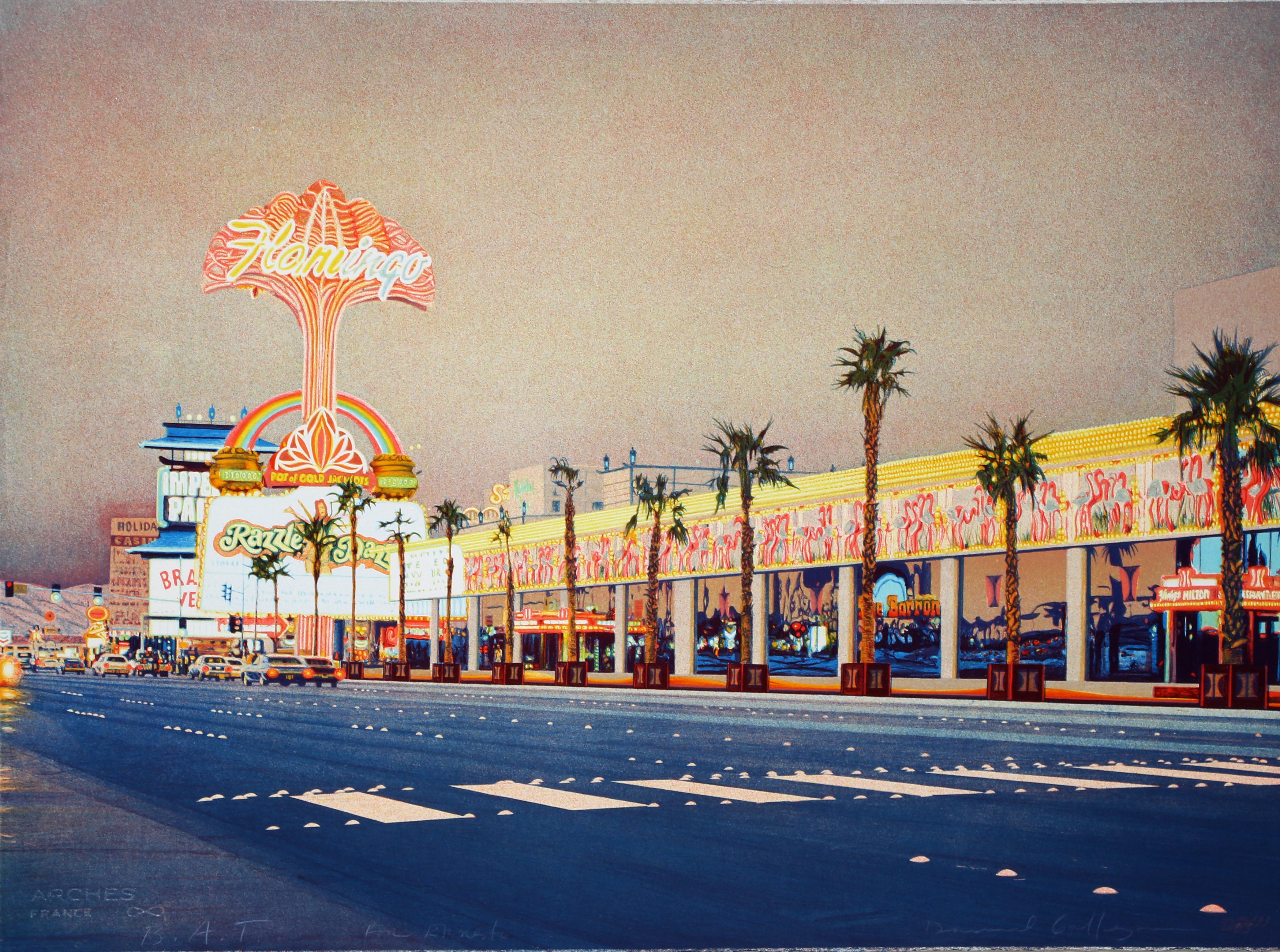 David Maes Gallegos Landscape Print - Flamingo, Las Vegas Lithograph by David Gallegos