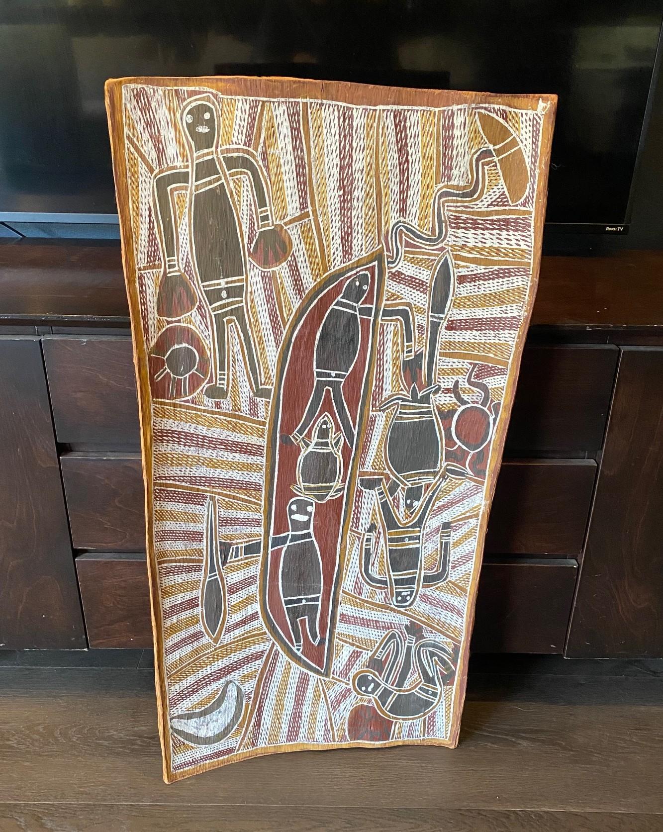 Ein wundervolles, einzigartiges, relativ großes, sehr ansprechendes Originalgemälde der australischen Aborigines, das träumt.  Wir glauben, dass dieses Werk von dem Yolngu-Künstler David Malangi (1927-1999) aus dem Northern Territory geschaffen