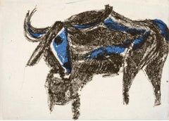 "Cape Buffalo, Kenya", soft ground etching, aquatint print, African, blue, black.
