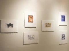 "Early Man", abstract baboon aquatint print, African wildlife, orange, black.