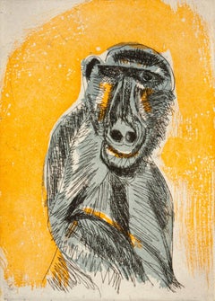 "Early Man", African baboon portrait etching, aquatint print, orange, blue gray.