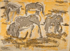 "Elephant Family", African landscape etching print yellow, grey, black.  