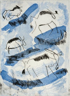 "Wildebeast Migration", African wildlife, etching, aquatint print, blue, black.