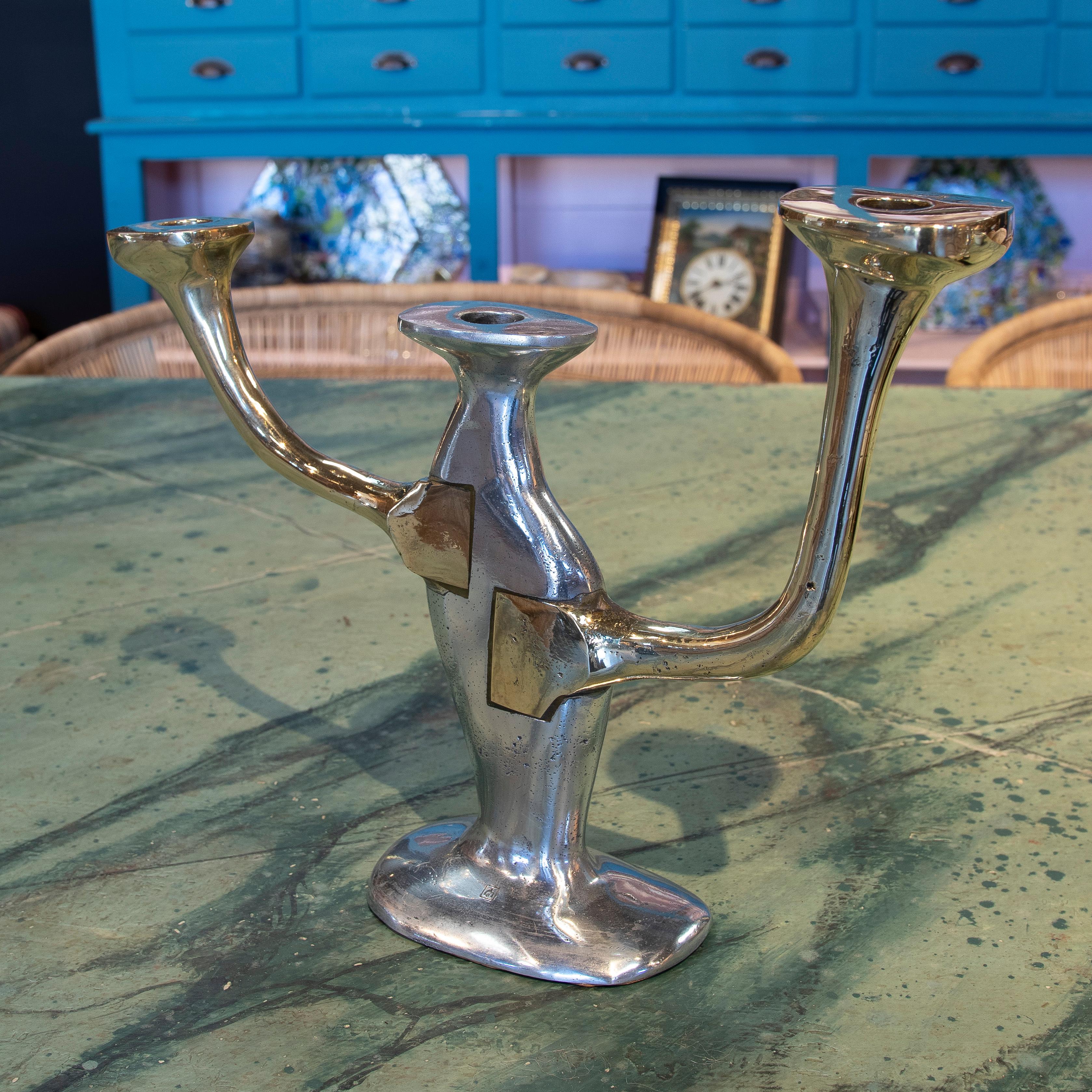 David Marshal, 1980s 2-tone gilt bronze designer 3-Arm table candelabra.