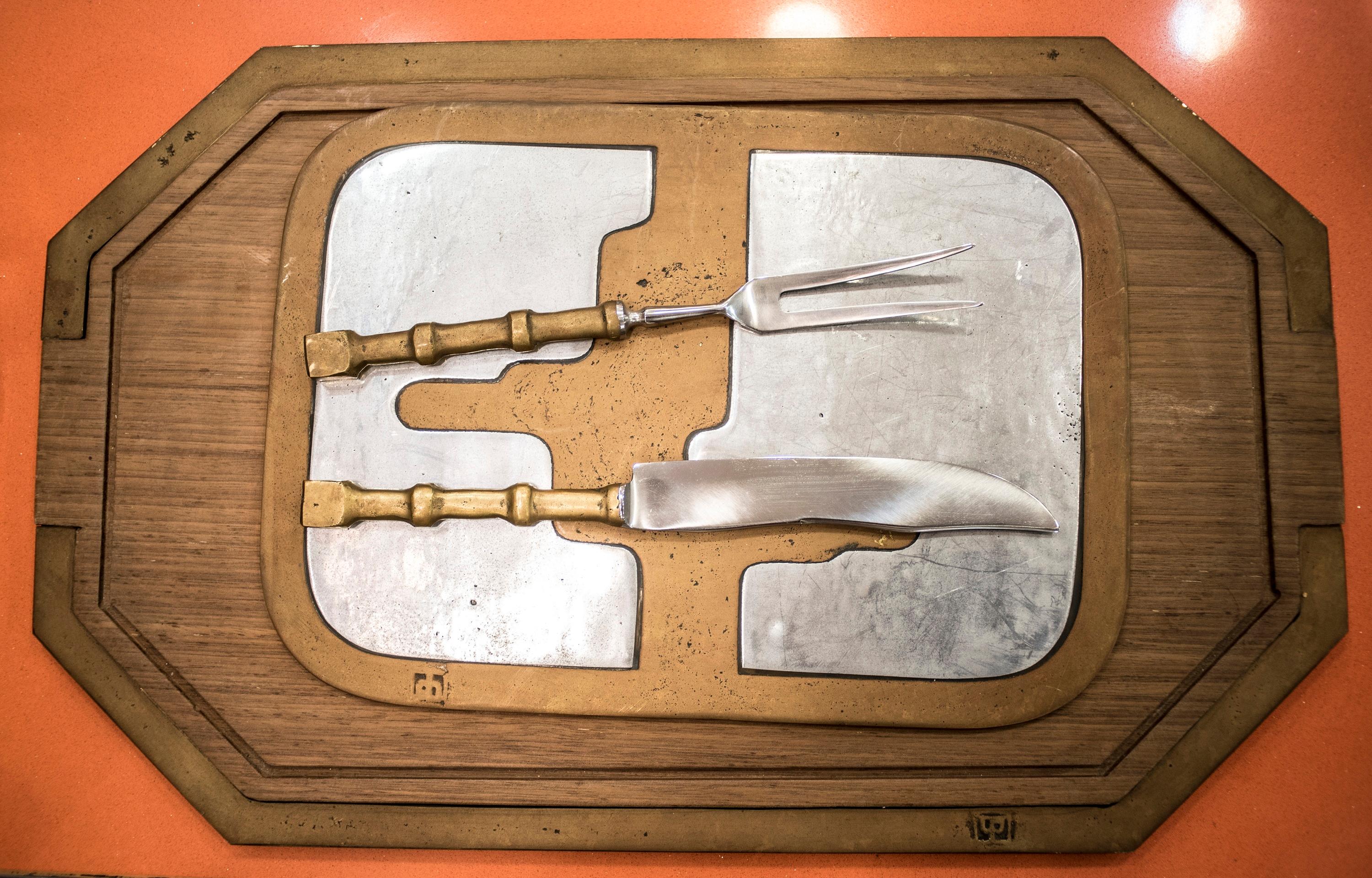 Brutalist David Marshall Aluminumand Brass Serving Tray with Fork and Knife, Spain, 1970s