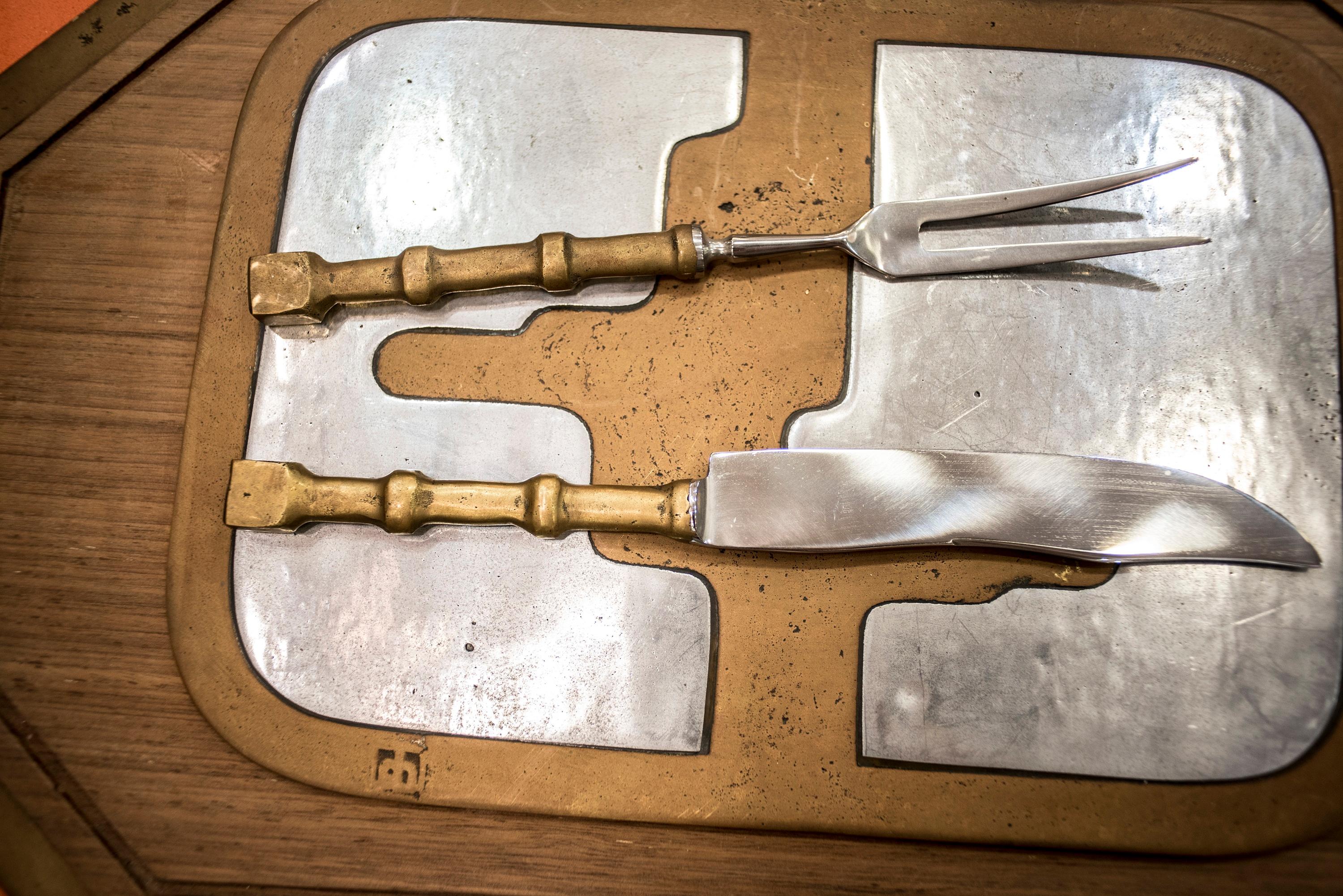 Spanish David Marshall Aluminumand Brass Serving Tray with Fork and Knife, Spain, 1970s