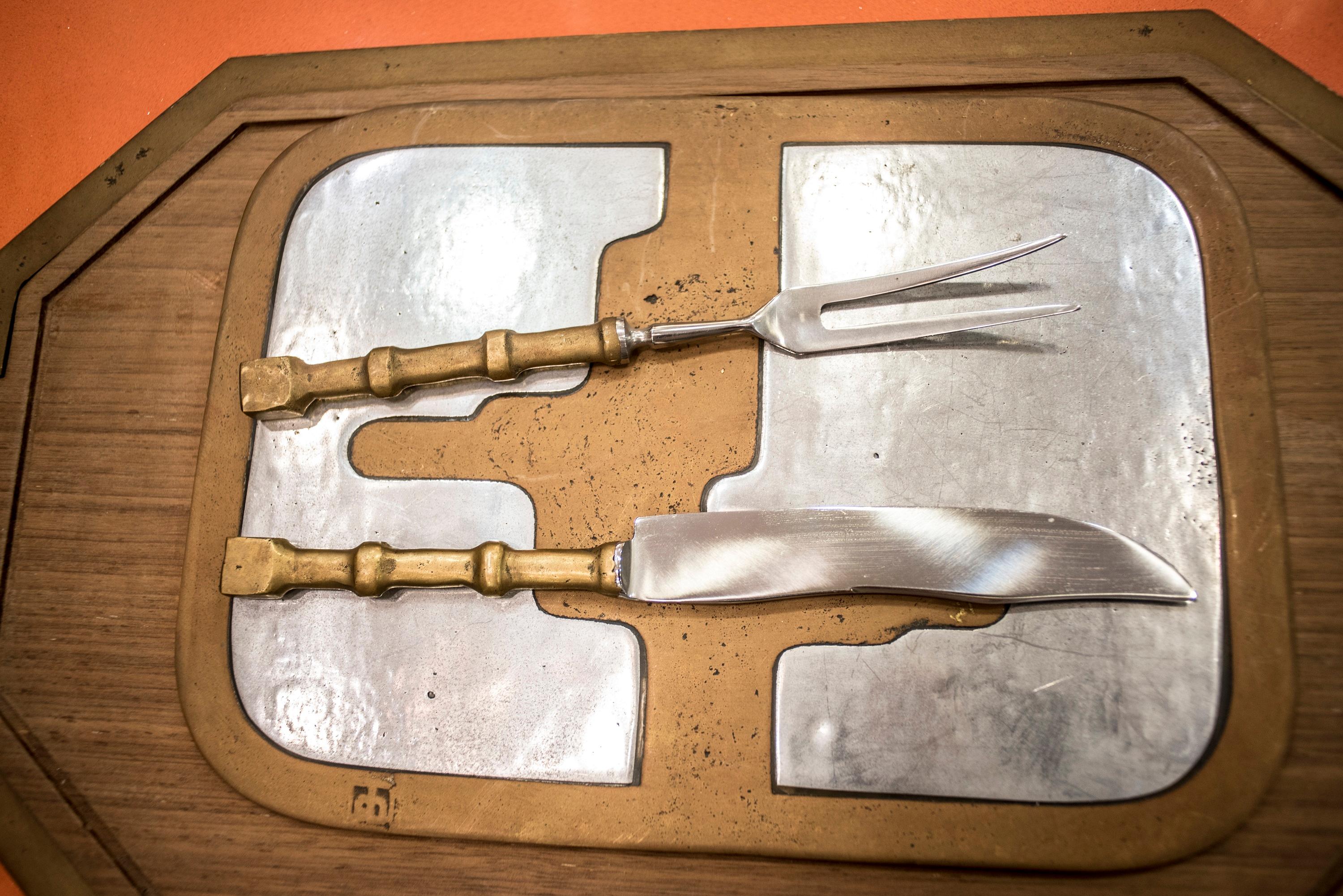 Late 20th Century David Marshall Aluminumand Brass Serving Tray with Fork and Knife, Spain, 1970s