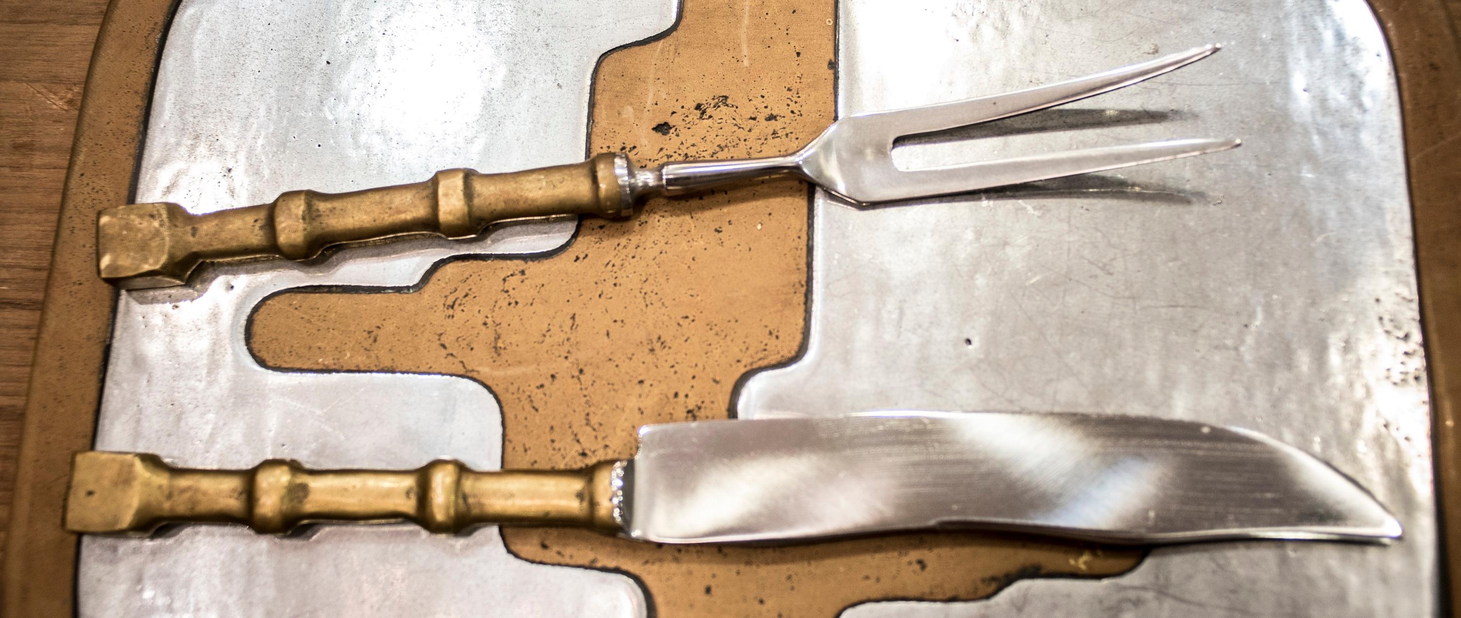 David Marshall Aluminumand Brass Serving Tray with Fork and Knife, Spain, 1970s 1