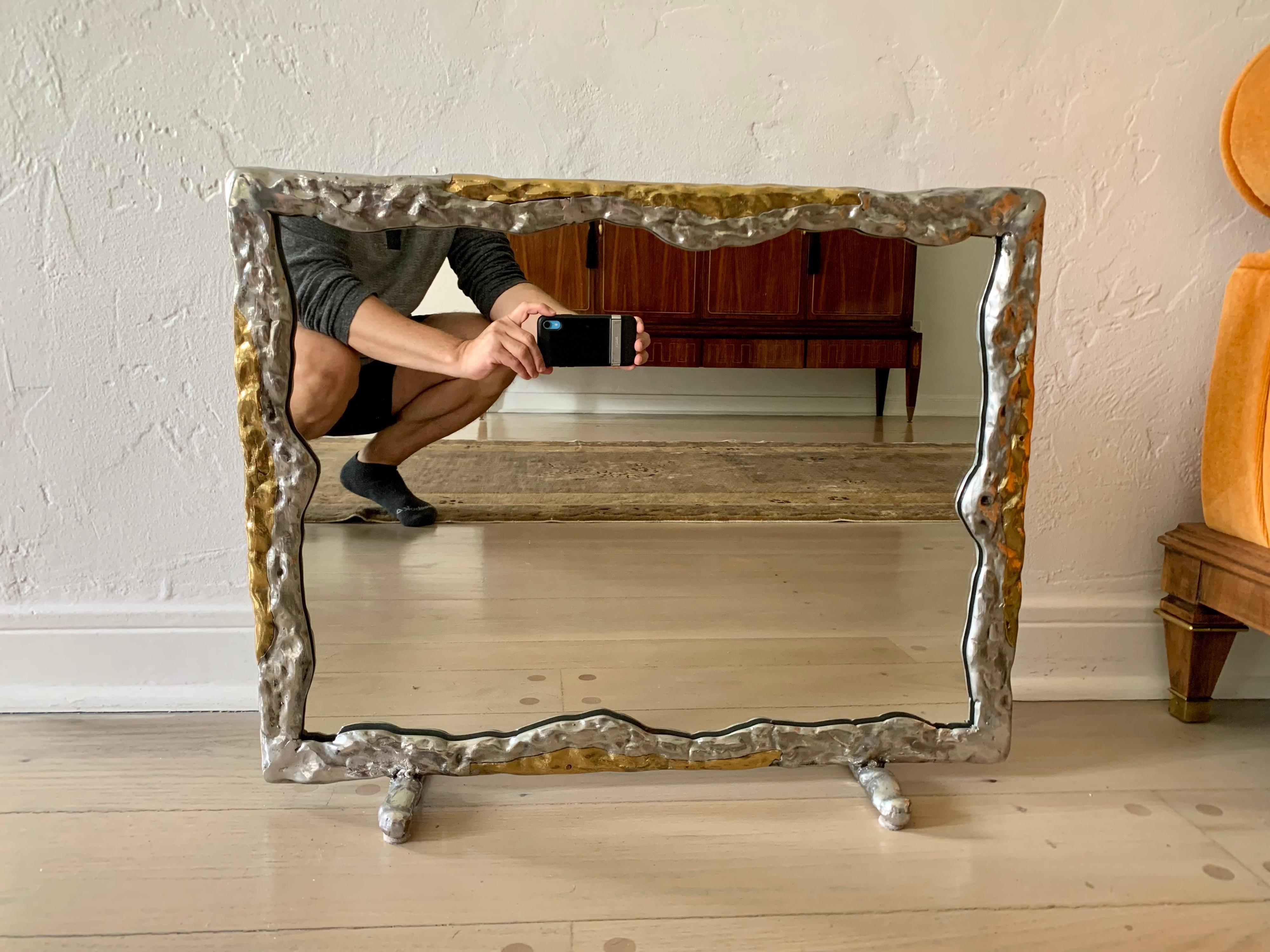 David Marshall Brutal Style Brass and Aluminum Vanity Mirror For Sale 2