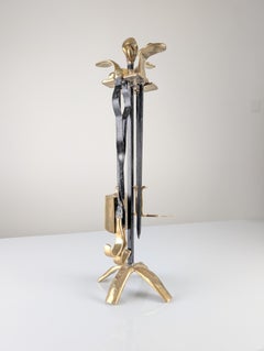 David Marshall Brutalist Brass and Iron Fireplace Tool Set, 1970s