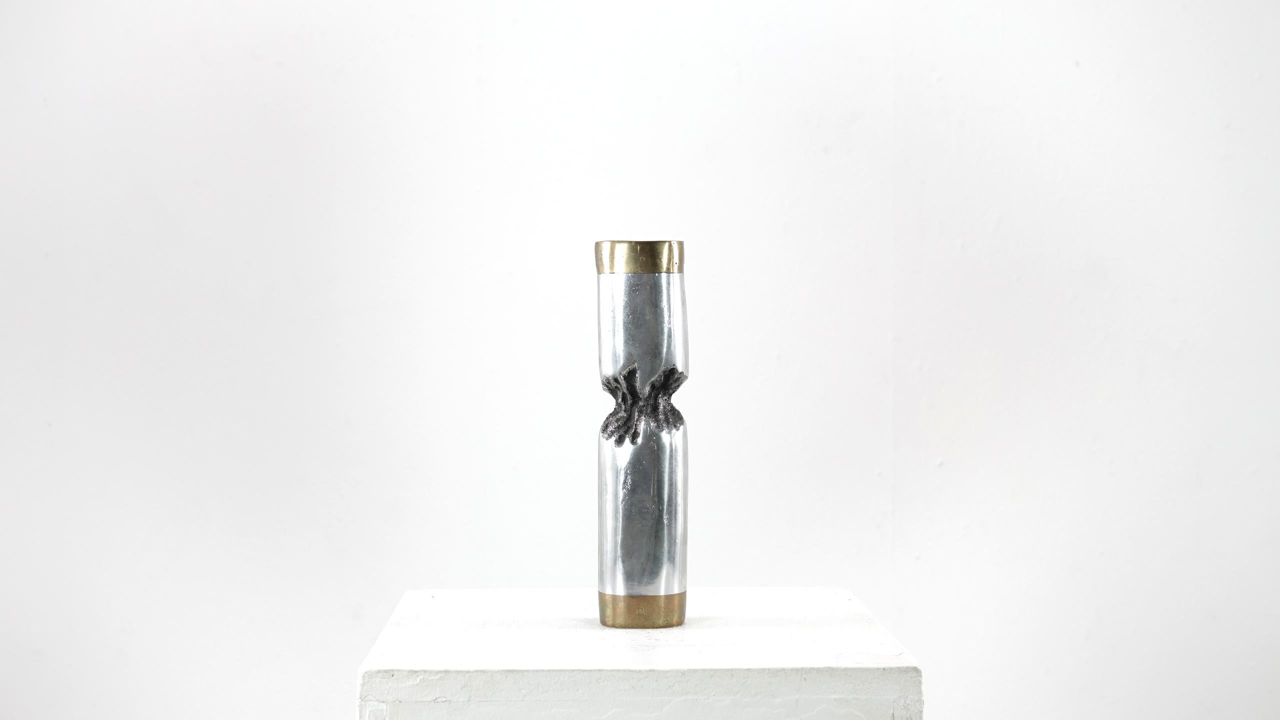 Original signed David Marshall Desenos Brutalist aluminum and brass candlestick in very good condition with a light patina all around. Very good vintage item has no defects, light wear consistent with age and use.