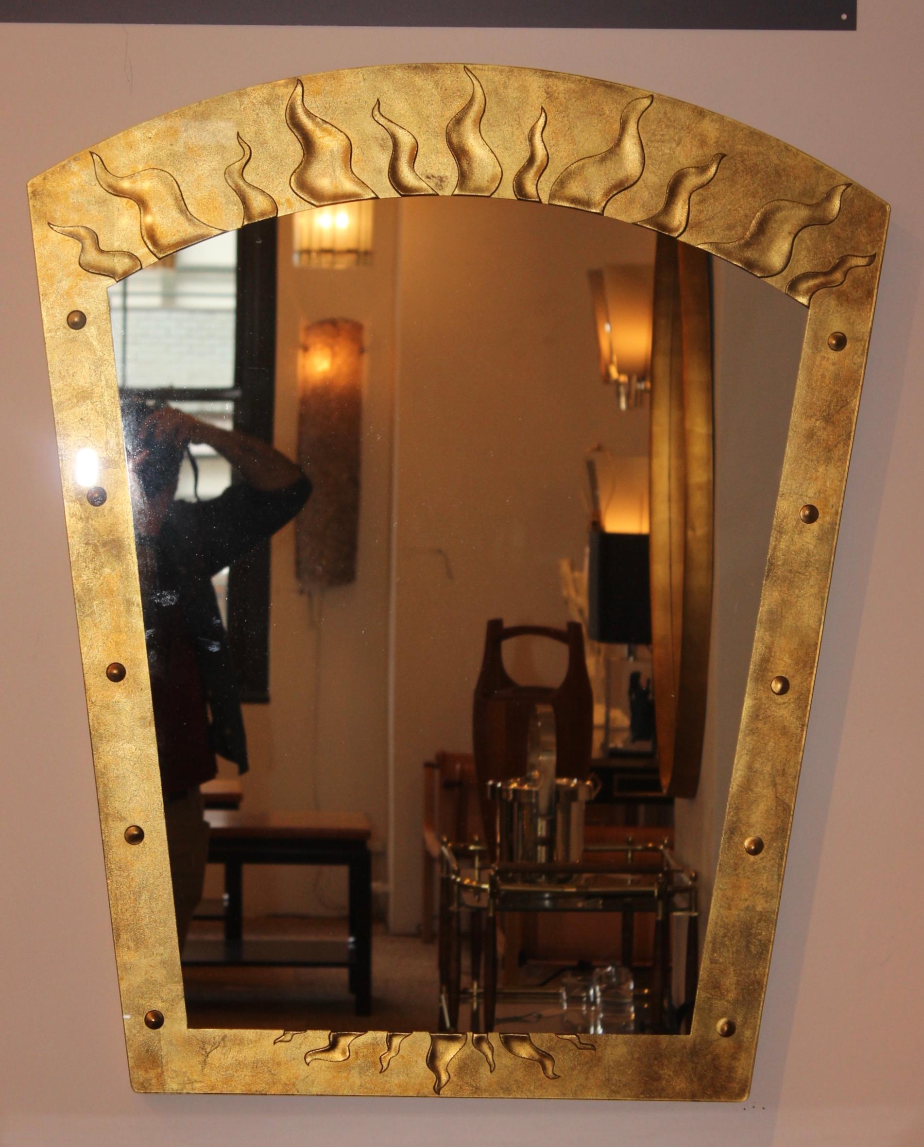 Stunning 1980s Èglomisè gold leaf mirror by David Marshall with flame pattern.