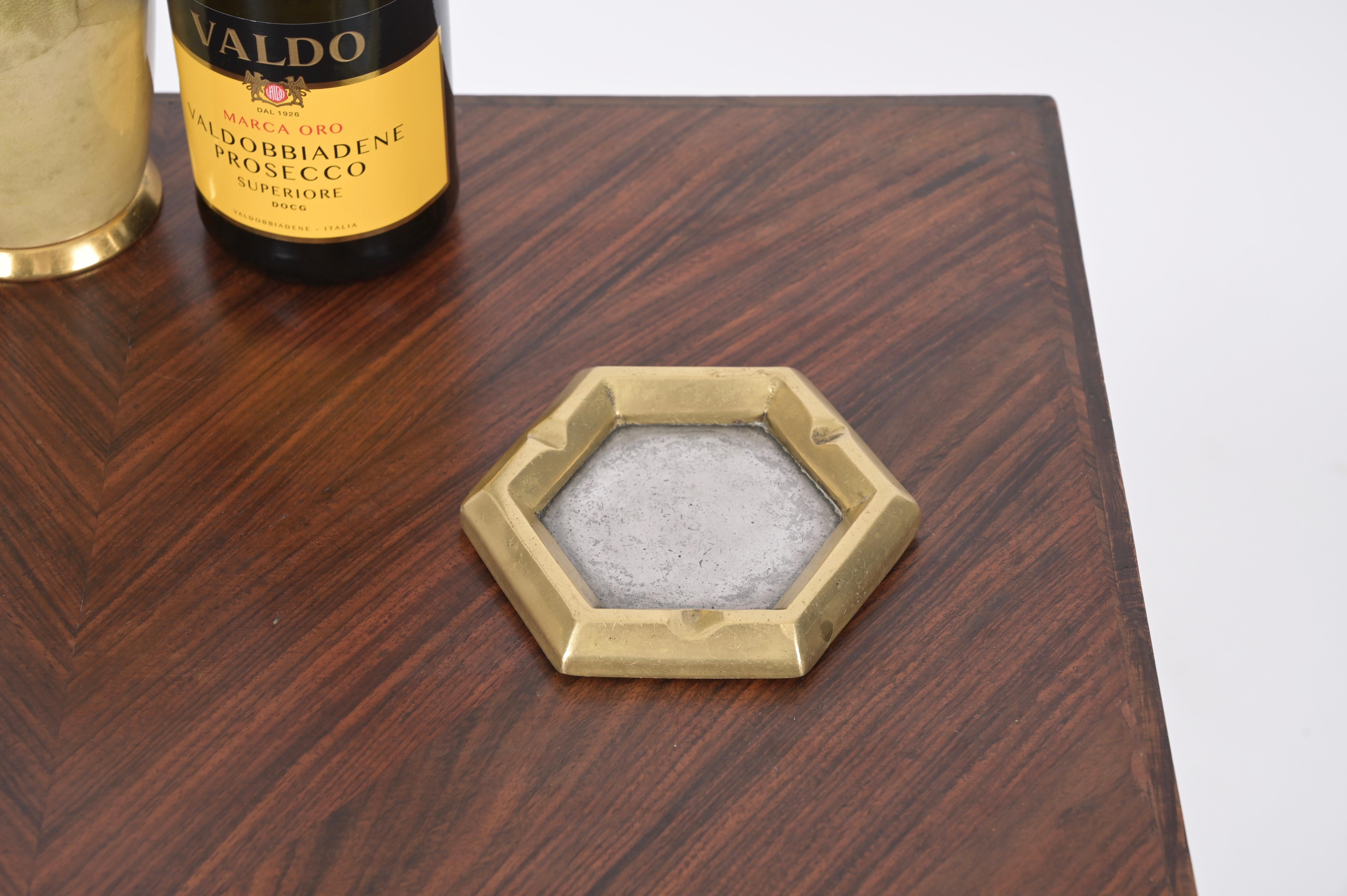 Brass David Marshall hexagonal ashtray in cast brass and aluminum from the 1970s For Sale