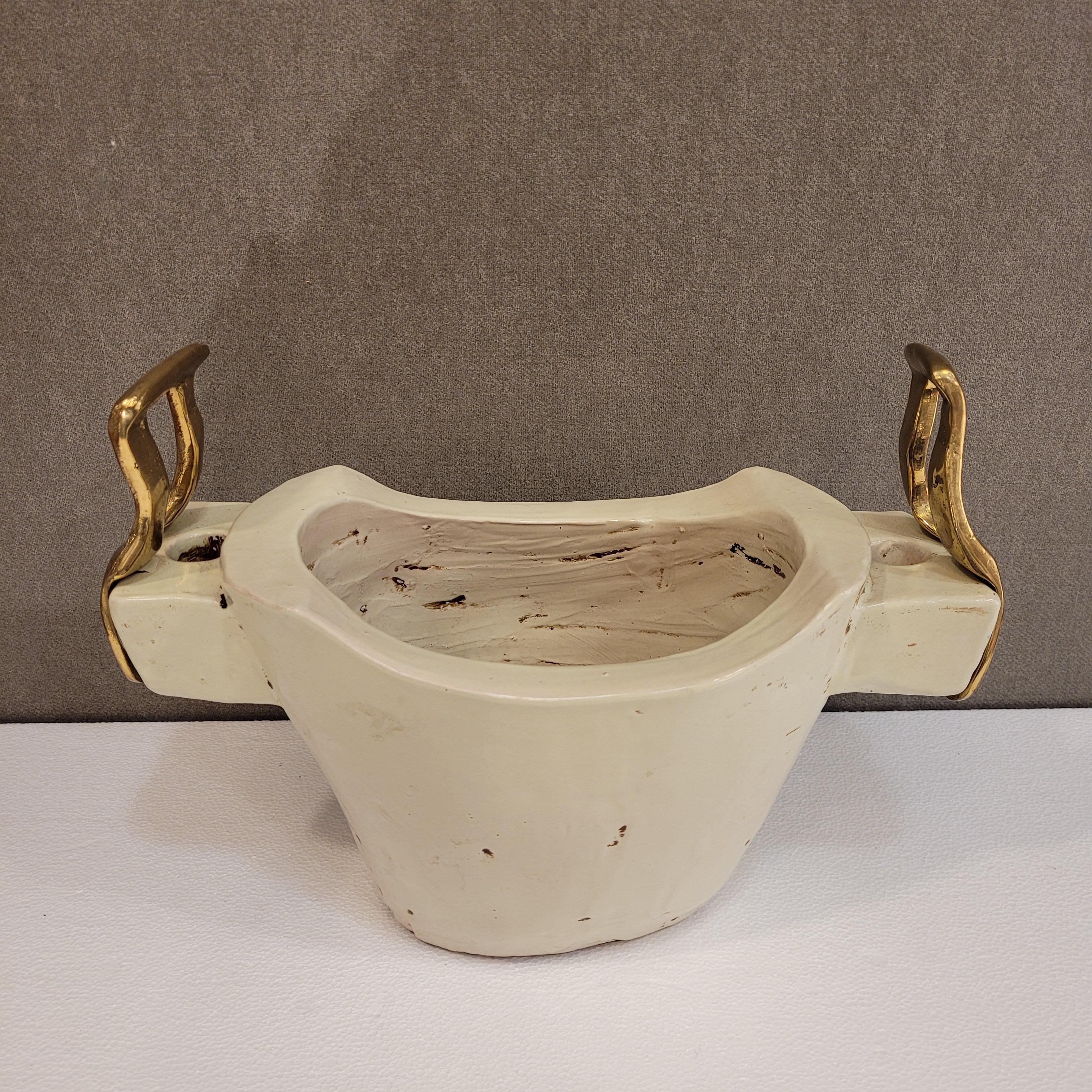 Mid-Century Modern David Marshall off white ceramic and solid bronzes handles Vase Centerpiece