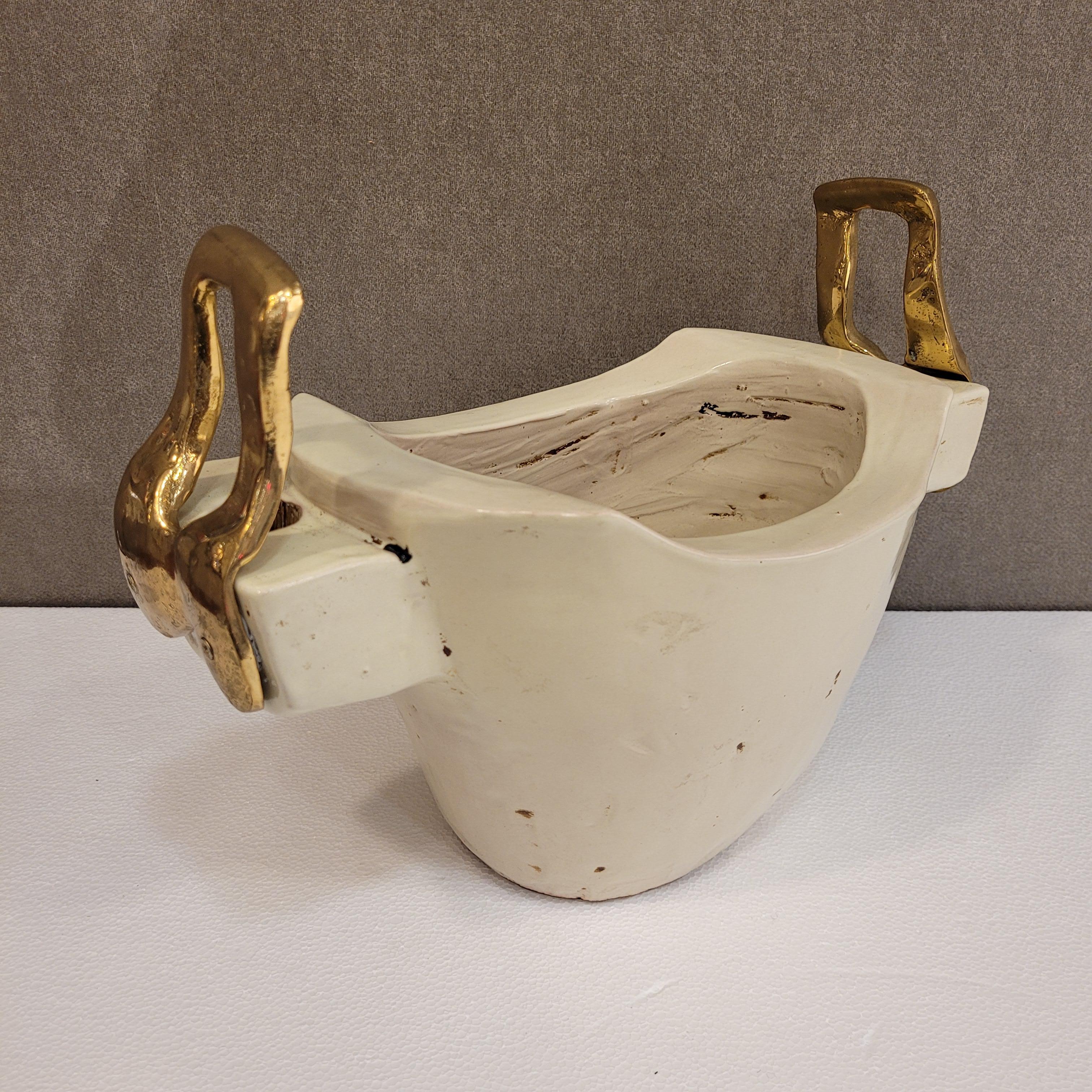 Spanish David Marshall off white ceramic and solid bronzes handles Vase Centerpiece