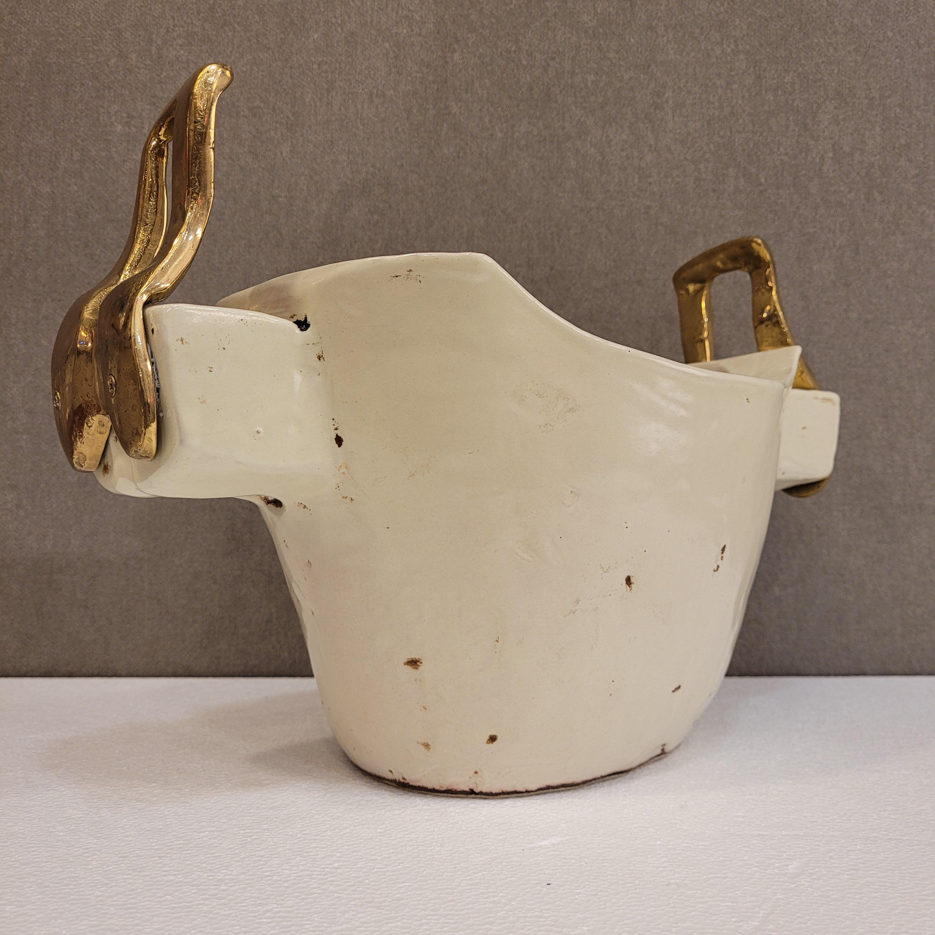 Hand-Crafted David Marshall off white ceramic and solid bronzes handles Vase Centerpiece