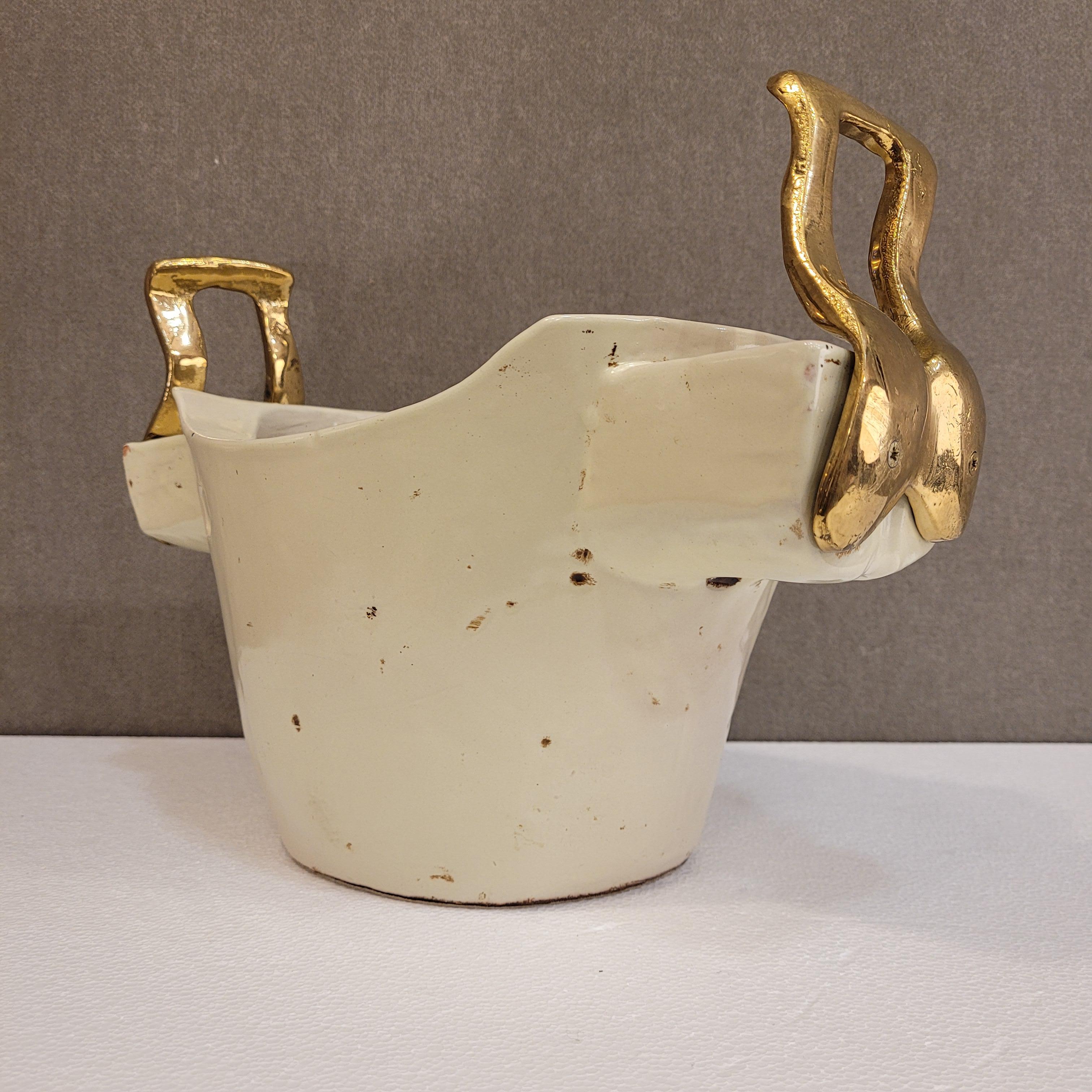 Late 20th Century David Marshall off white ceramic and solid bronzes handles Vase Centerpiece