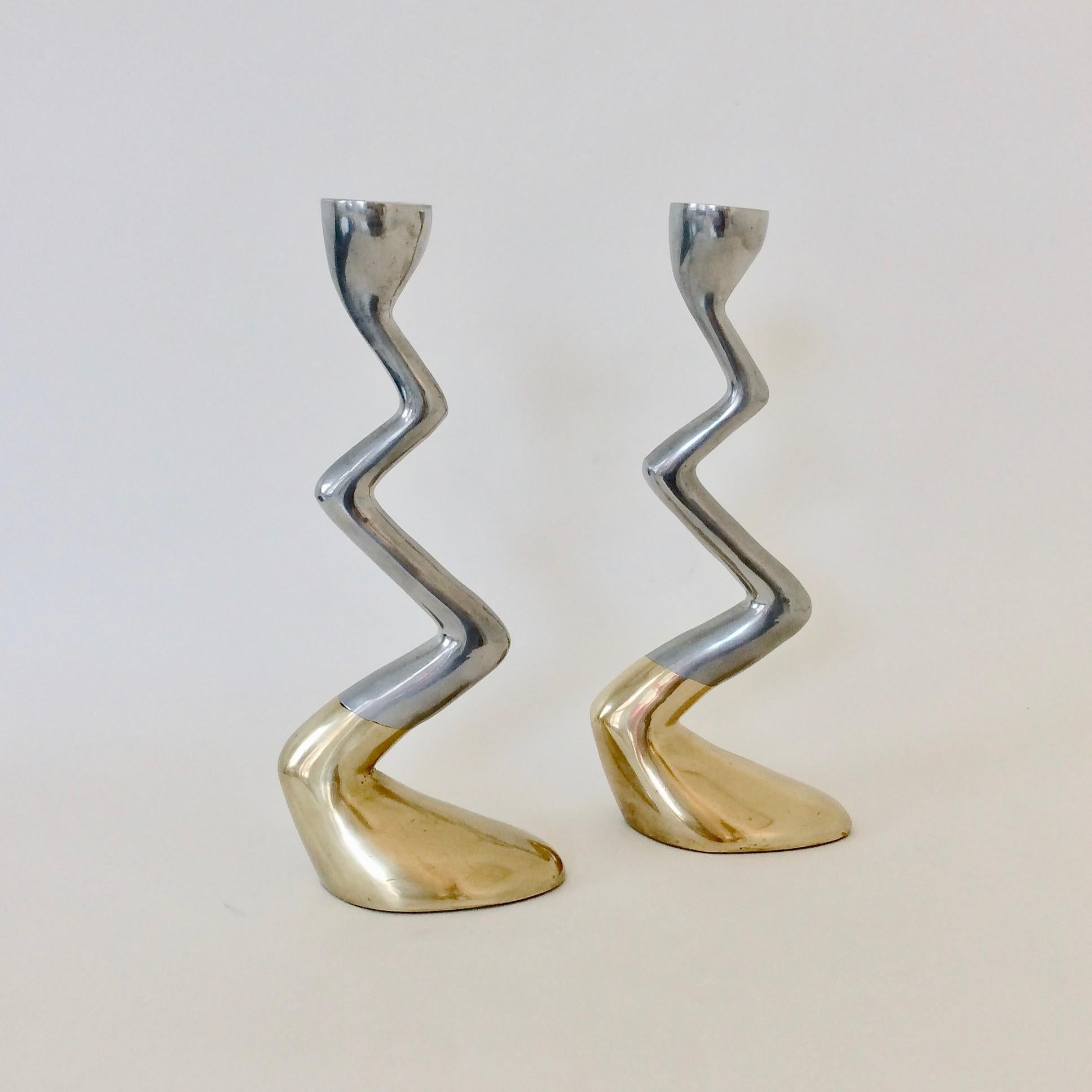 David Marshall Pair of Cast Aluminum and Brass Candlesticks, circa 1970, Spain In Good Condition In Brussels, BE
