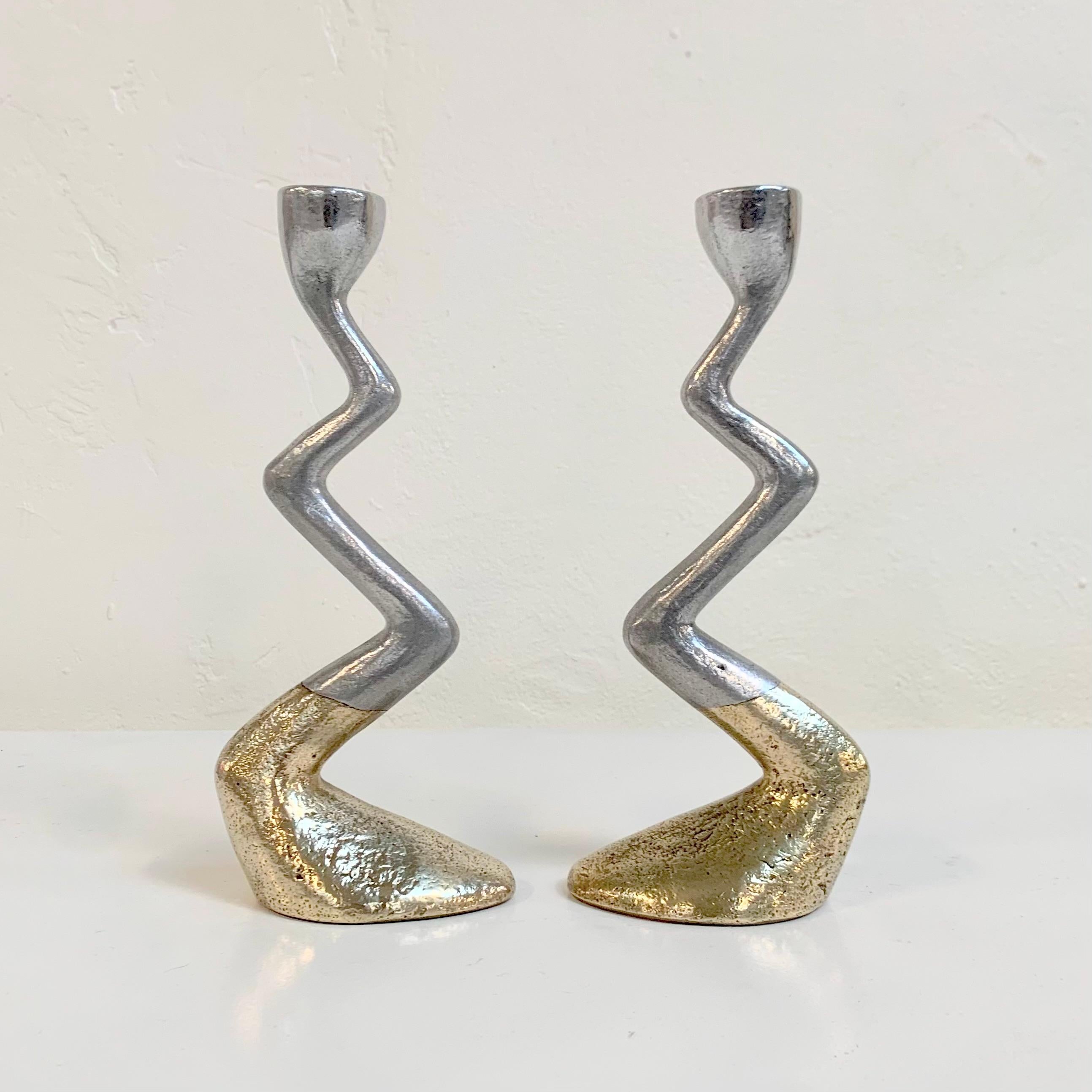 David Marshall Pair of Cast Aluminum and Brass Candlesticks, circa 1970, Spain (Gegossen) im Angebot