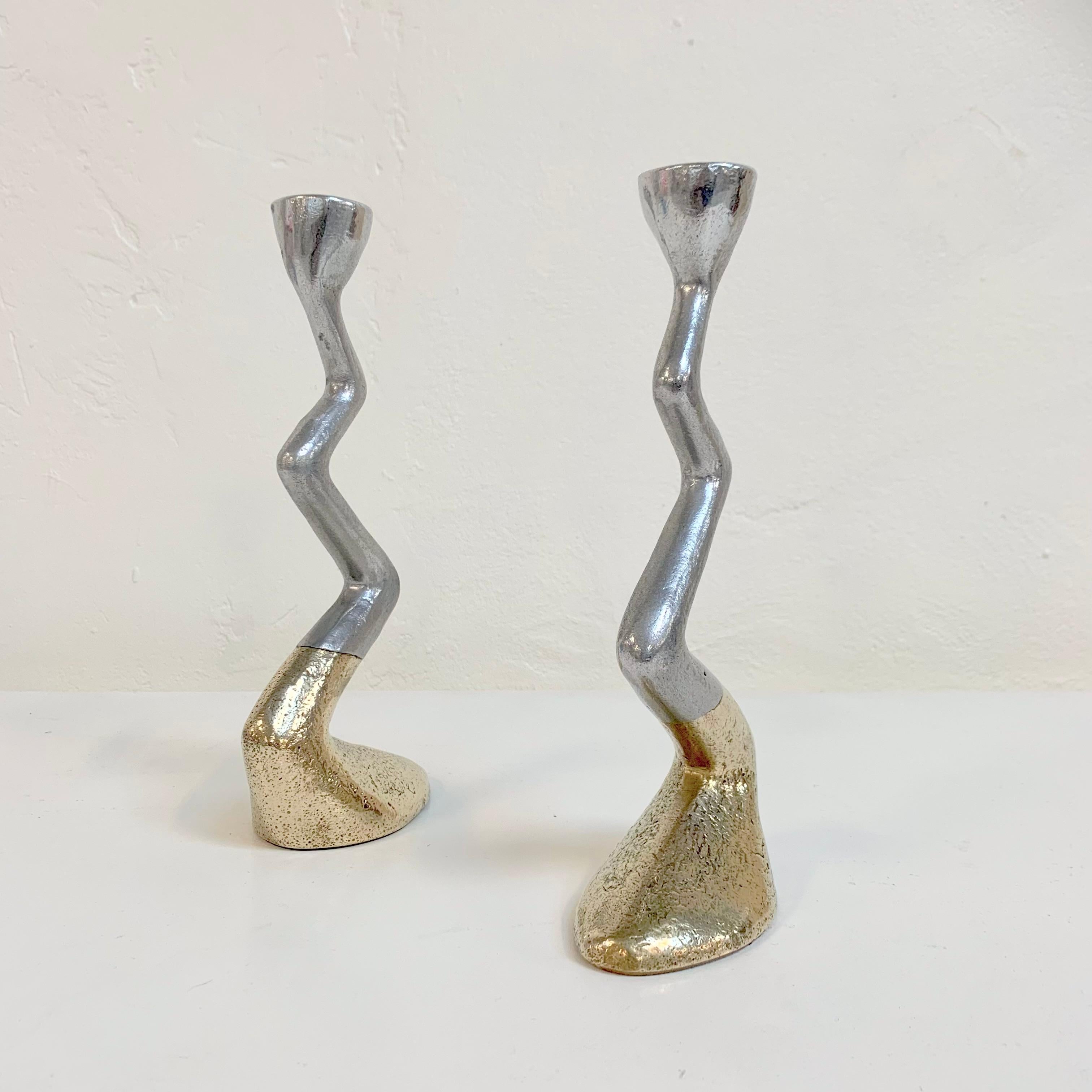 David Marshall Pair of Cast Aluminum and Brass Candlesticks, circa 1970, Spain (Ende des 20. Jahrhunderts) im Angebot