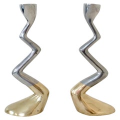 David Marshall Pair of Cast Aluminum and Brass Candlesticks, circa 1970, Spain