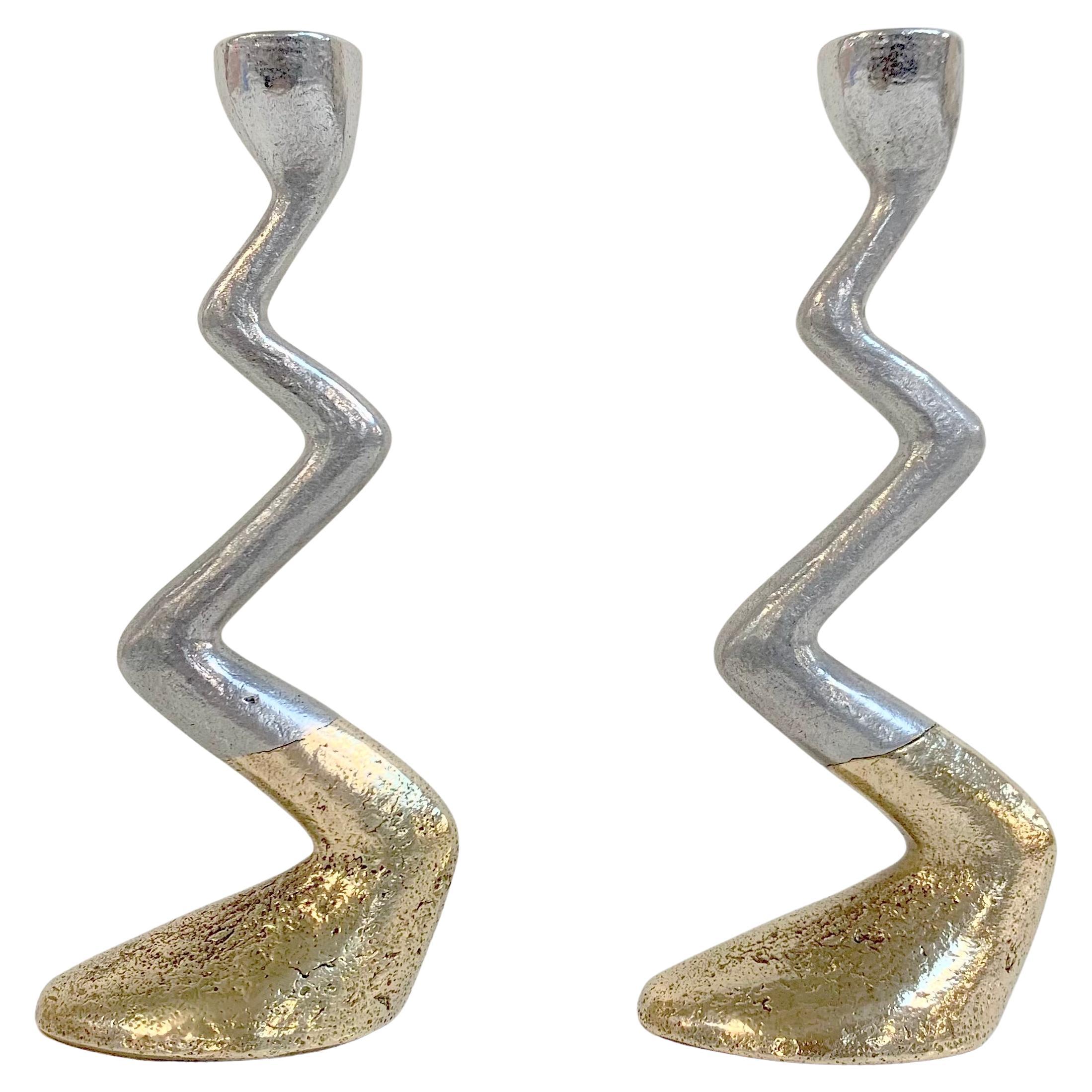 David Marshall Pair of Cast Aluminum and Brass Candlesticks, circa 1970, Spain im Angebot