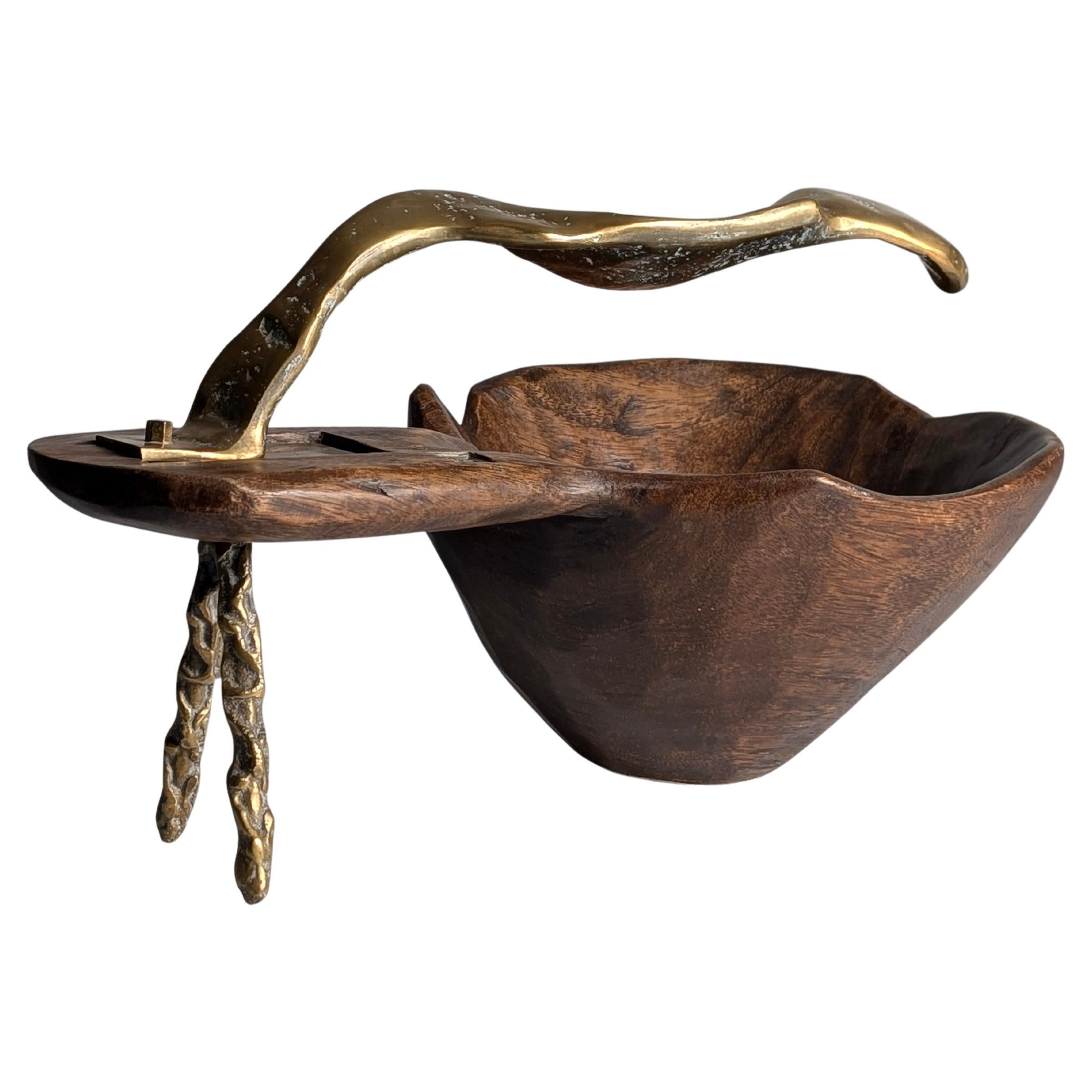 David David Sculptural Bronze and Wood Centerpiece Fruit Bowl 1970