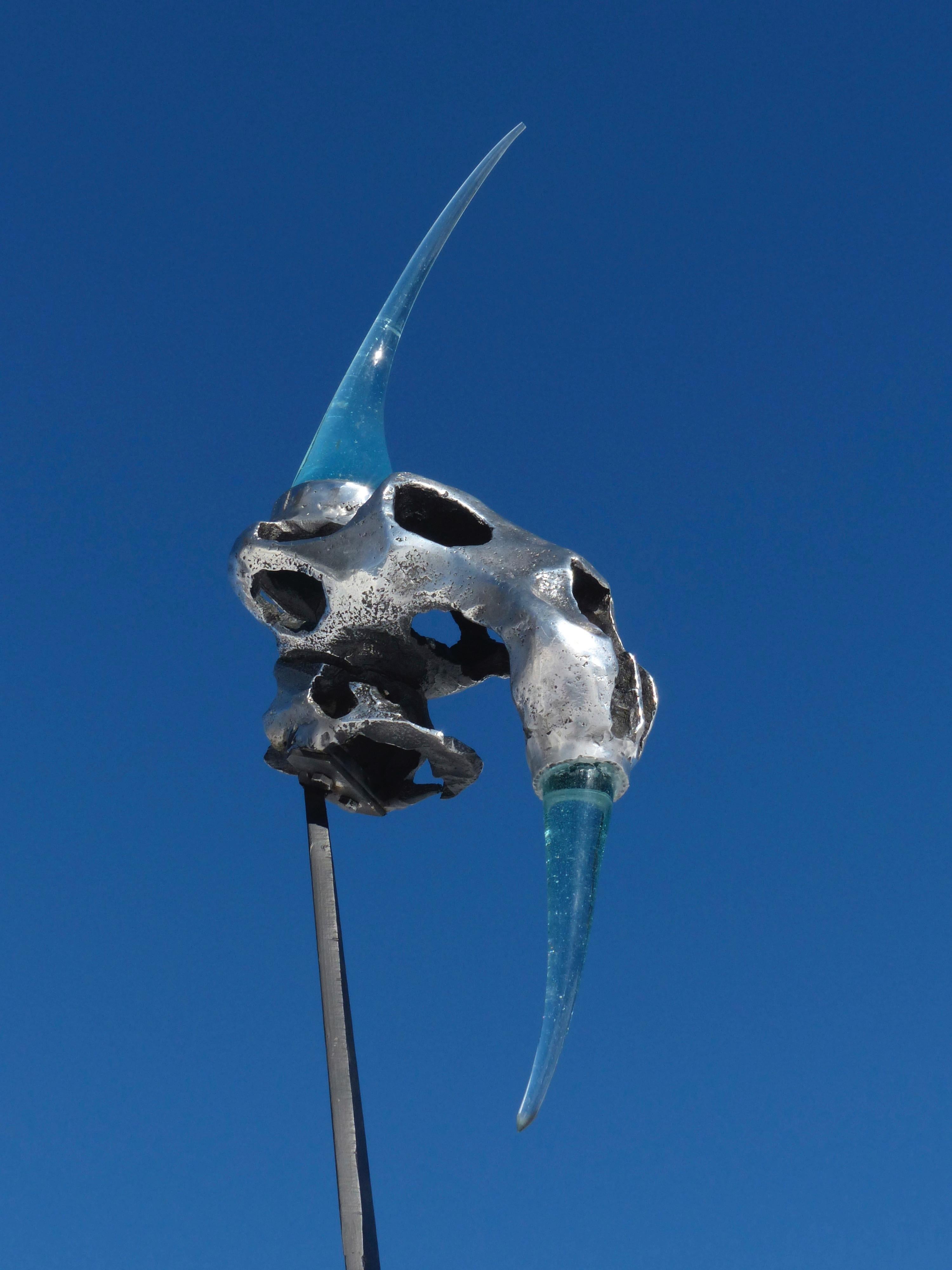 David Marshall Abstract Sculpture - " Androide " Original Fantasy Skull Glass, Cast Aluminum, Steel