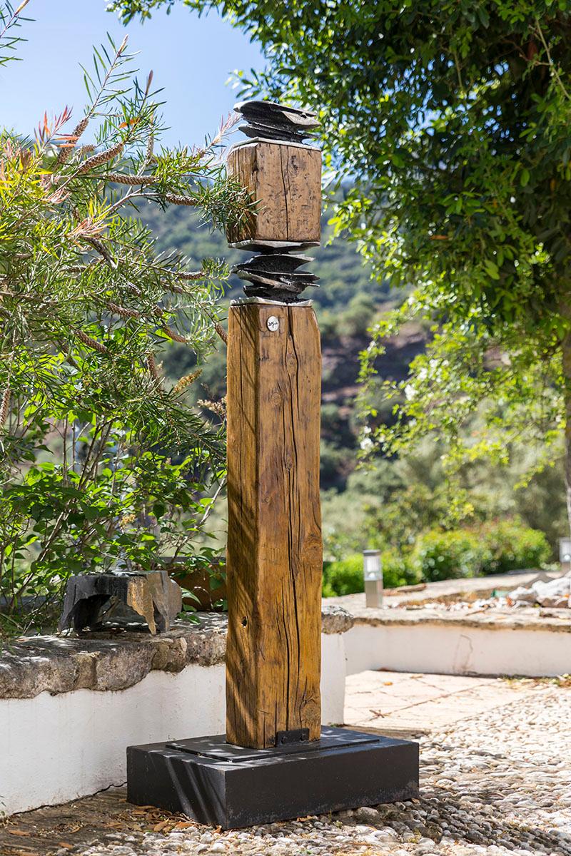 David Marshall Abstract Sculpture -  " IMNEK" Totem Modern Outdoor Sculpture Recycled Wood, Metal, Cast Aluminium 