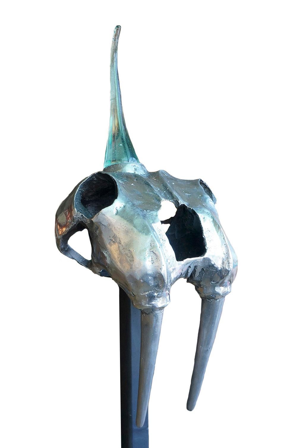 David Marshall Abstract Sculpture - " Sabretooth " Original Fantasy Skull Sculpture, Cast Aluminium, Glass, Steel