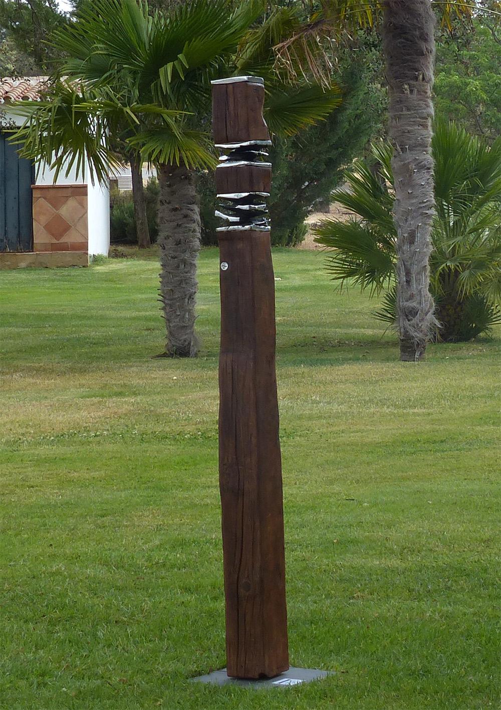 David Marshall Abstract Sculpture - " Siku " Outdoor Totem Abstract Unique Sculpture Wood Aluminum Silver Brown 