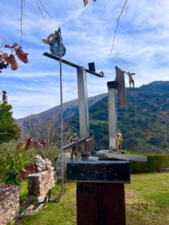 " Skywalker " Abstract Sculpture with  Brass Figures, Steel,  Wood