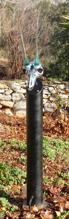 "Cabra" Fantasy Skull Sculpture, Outdoor , Cast Glass Aluminum, Steel