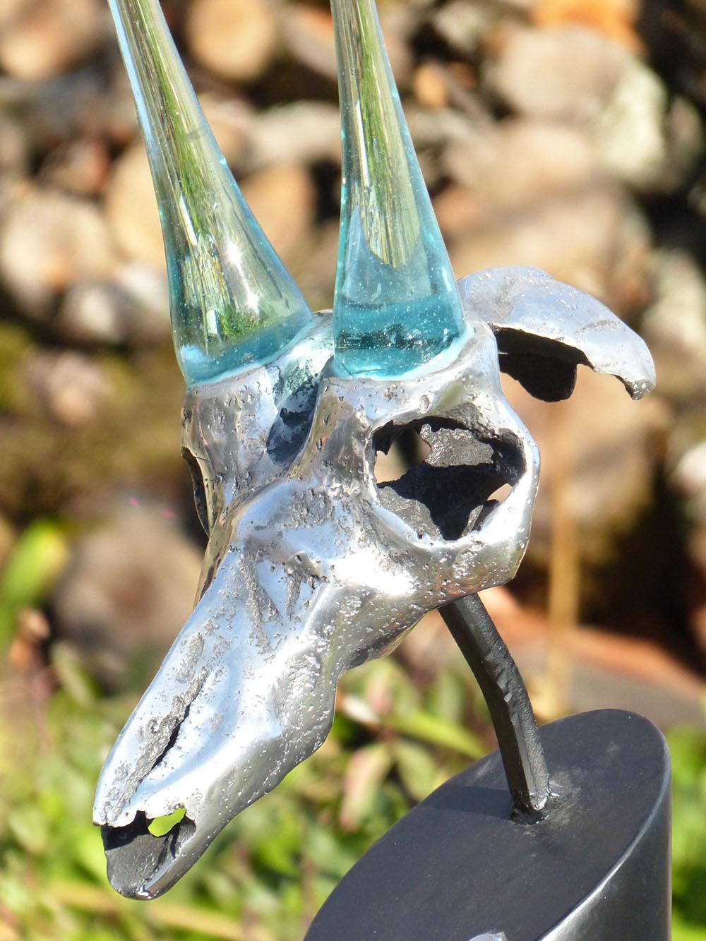 David Marshall Abstract Sculpture - "Cabra" Fantasy Skull Sculpture, Outdoor , Cast Glass Aluminum, Steel