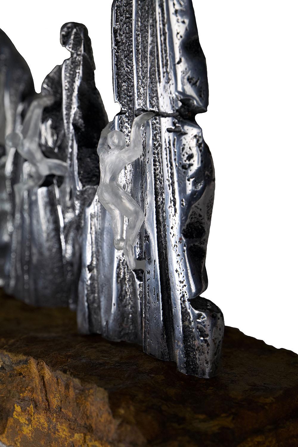 Hang Tight , Tabletop Abstract Sculpture Sand Cast Aluminium and Kiln Cast Glass For Sale 1