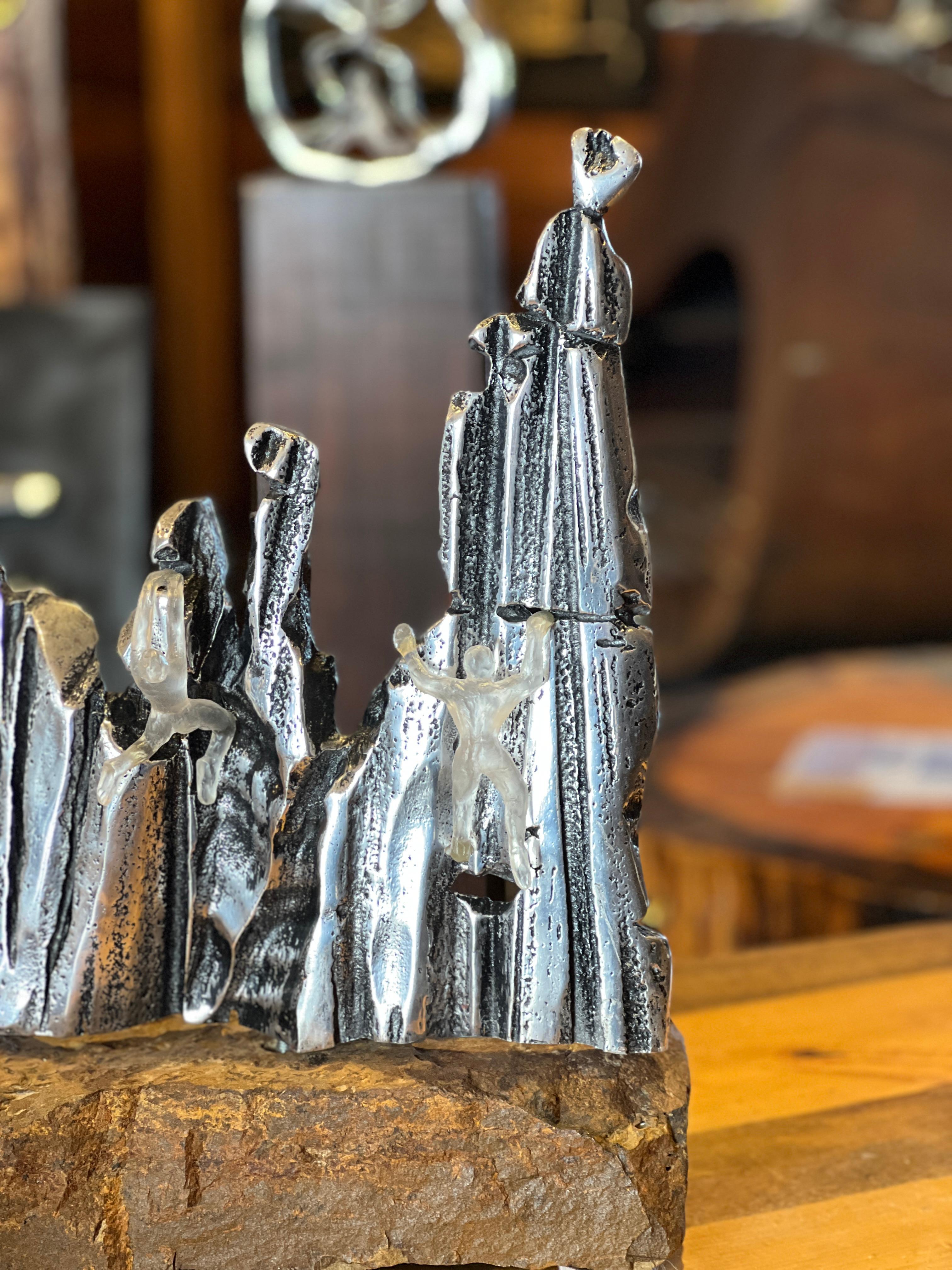 Hang Tight , Tabletop Abstract Sculpture Sand Cast Aluminium and Kiln Cast Glass For Sale 4