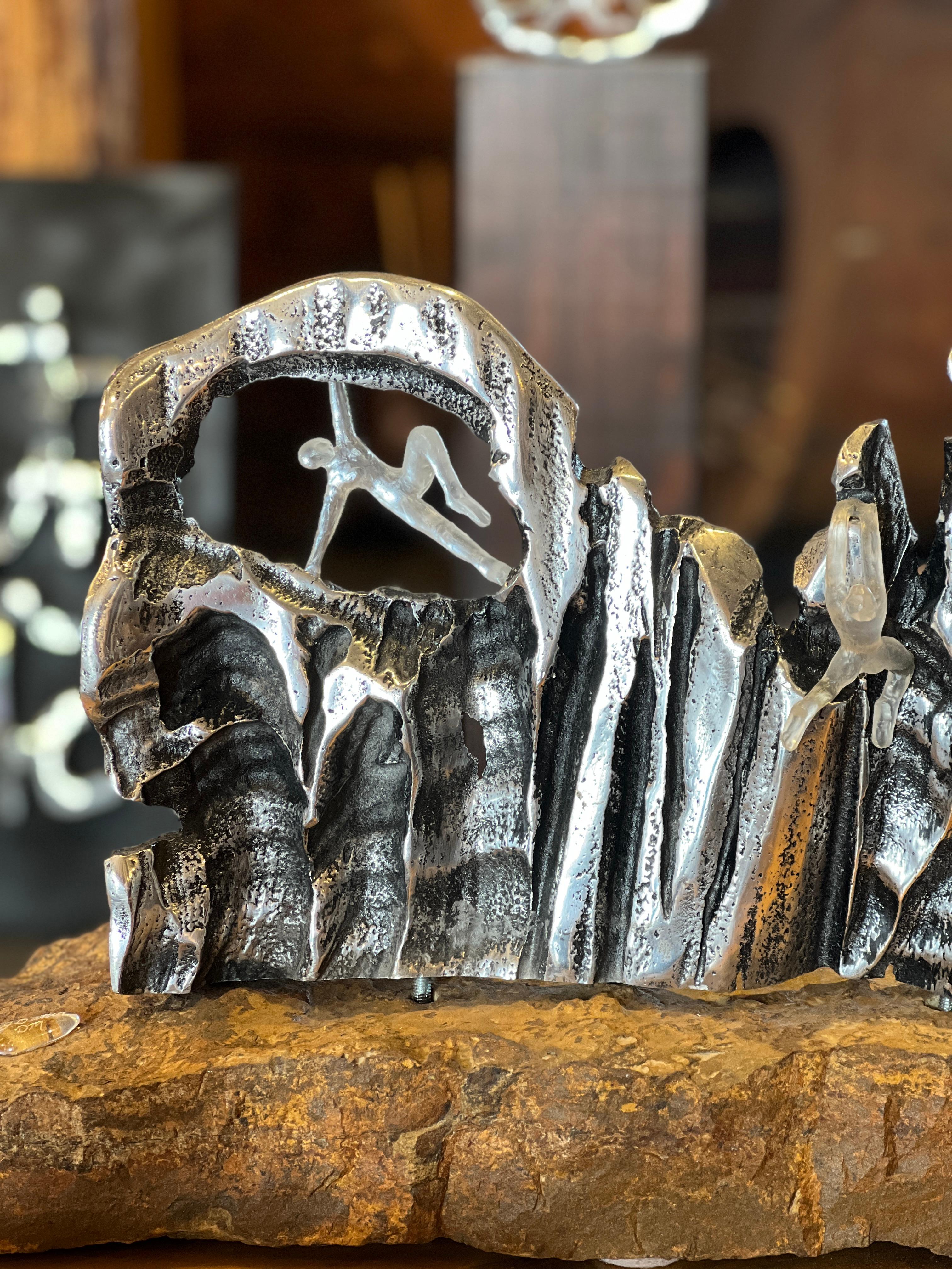 Hang Tight , Tabletop Abstract Sculpture Sand Cast Aluminium and Kiln Cast Glass For Sale 5