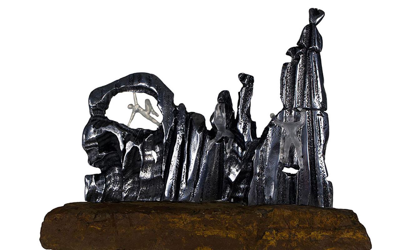 Hang Tight , Tabletop Abstract Sculpture Sand Cast Aluminium and Kiln Cast Glass