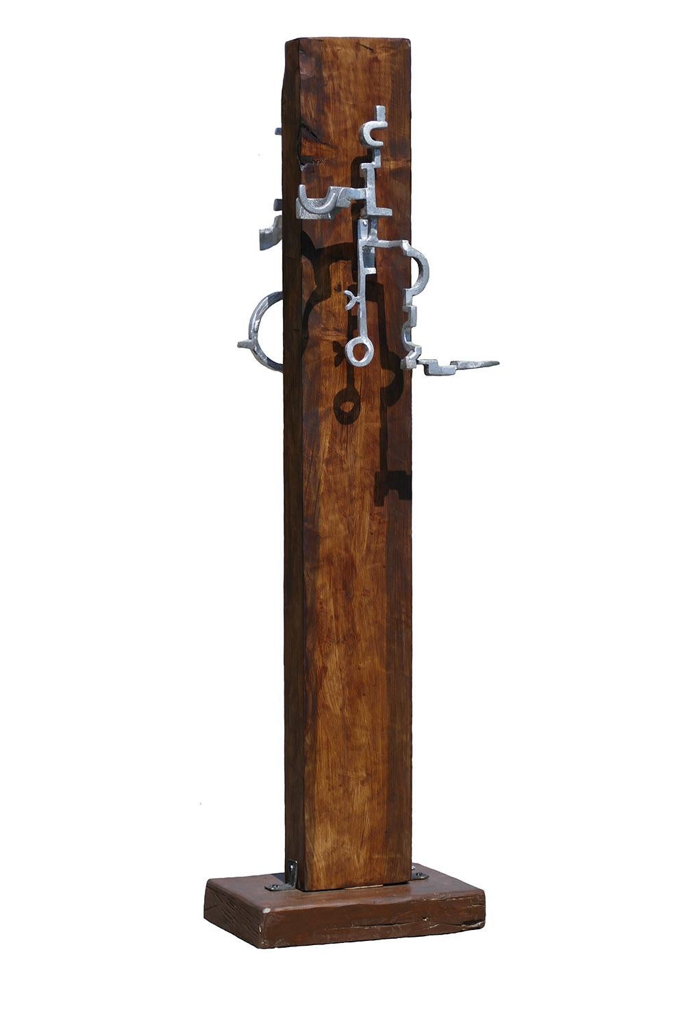 David Marshall Abstract Sculpture - "Siqiniq" Abstract Totem, Sandcast Aluminum, Wood