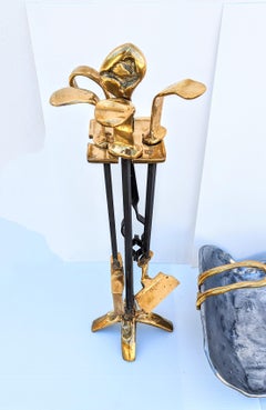 David Marshall Set of Brutalist Fireplace Tools and Firewood Holder, Spain 1970s