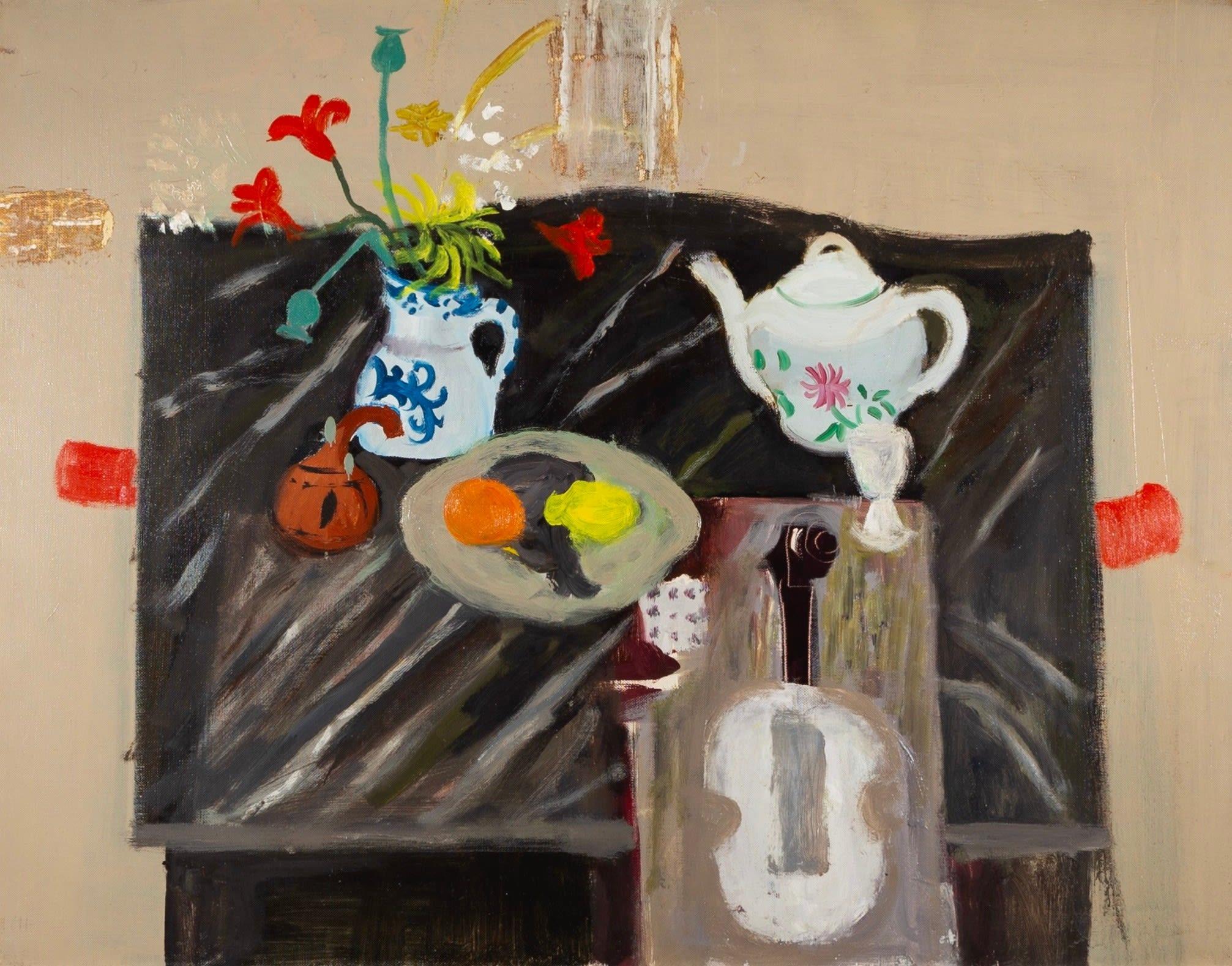 David McClure Still-Life Painting - Still Life with Violin, Oil on Canvas Painting by David Mcclure