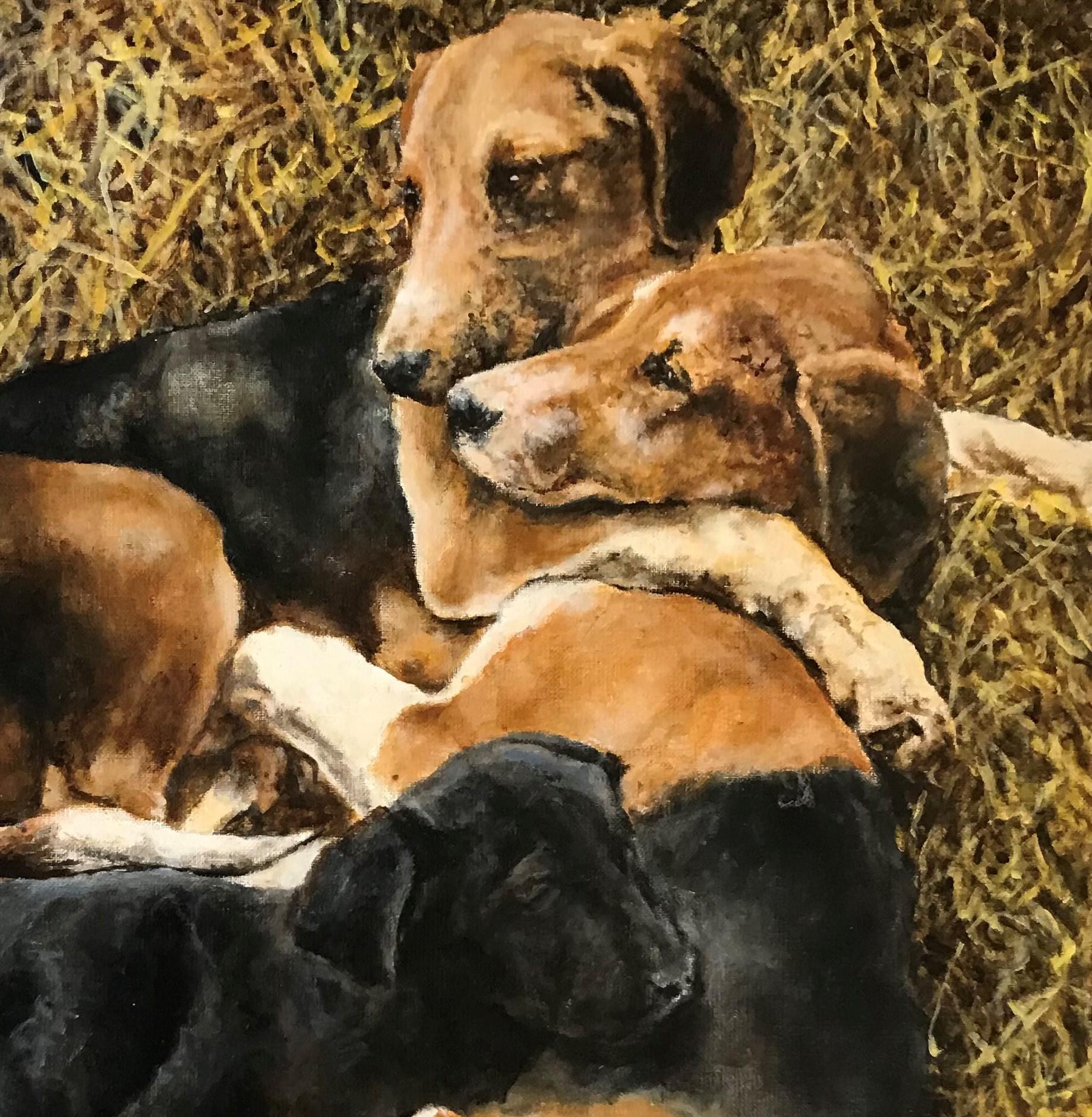 English Foxhounds hugging Labrador puppy relaxing in field, a charming lovestory - Painting by David McEwen