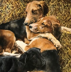 English Foxhounds hugging Labrador puppy relaxing in field, a charming lovestory