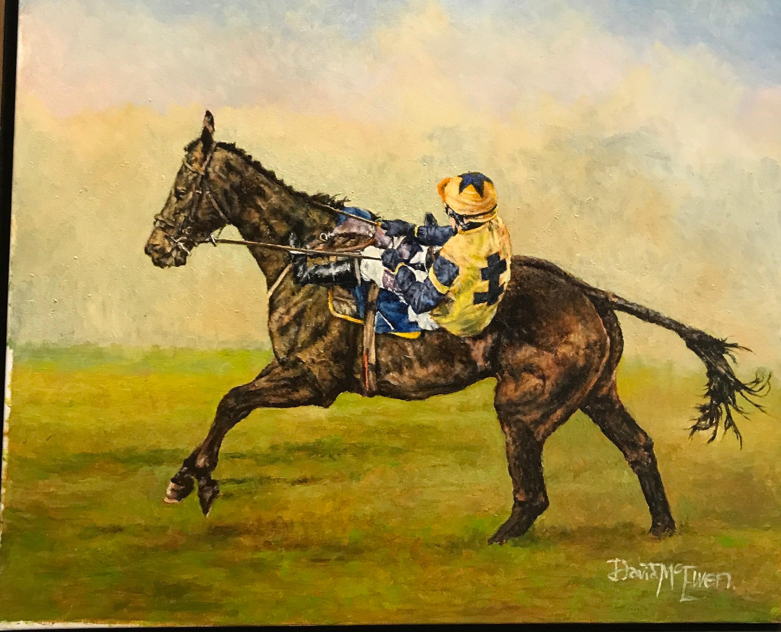 David McEwen Animal Painting – ""Even Fall" ein lustiges Ölgemälde eines Rennpferdes mit seinem Jockey, der beim Pferderennen fällt 