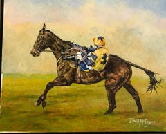 "Even Fall" a fun oil of a race horse with his jockey falling at horse race 