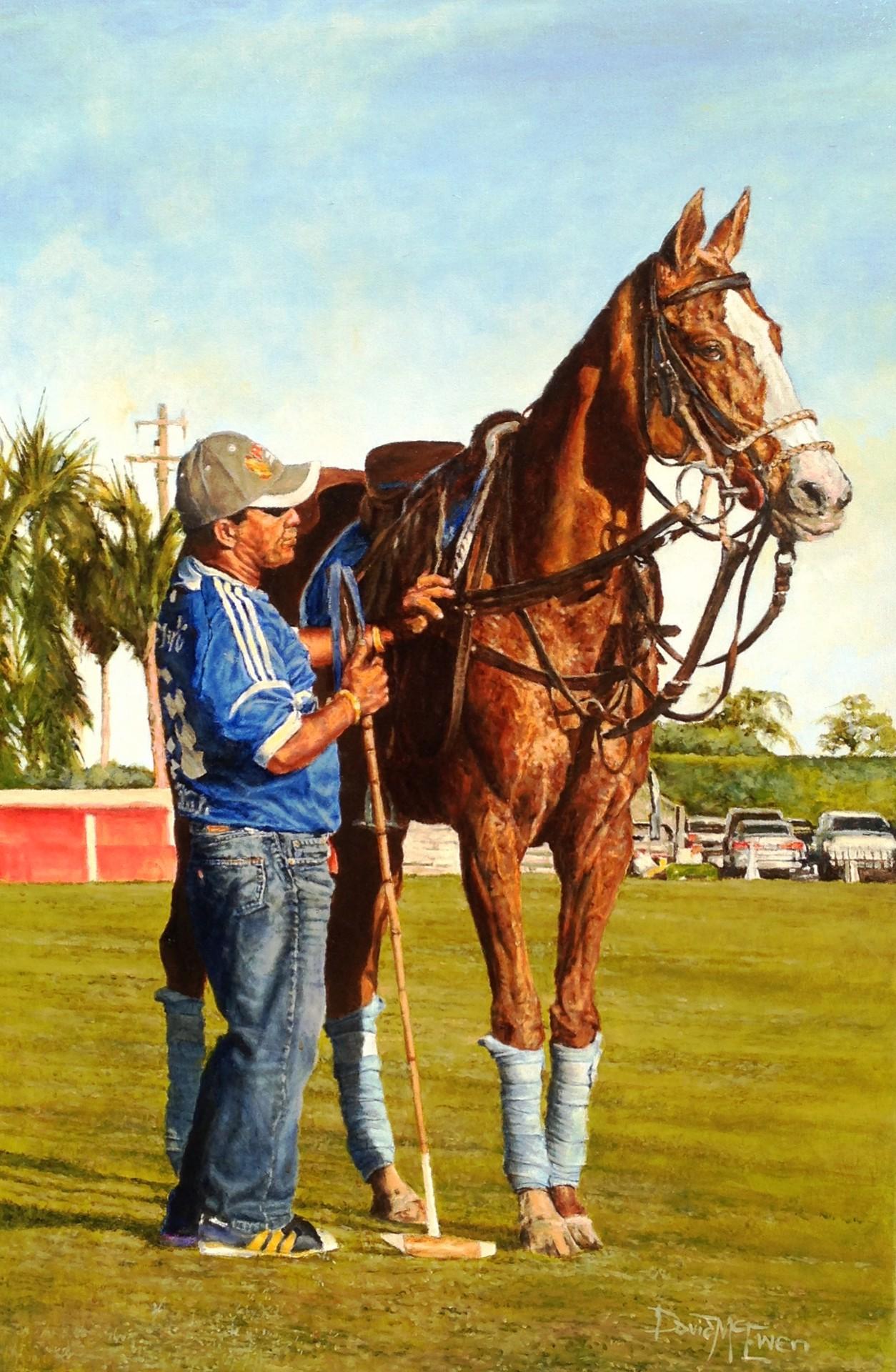 David McEwen Animal Painting - "Last Chukka" oil of Polo groom with his obedient Polo horse in Wellington, FL 