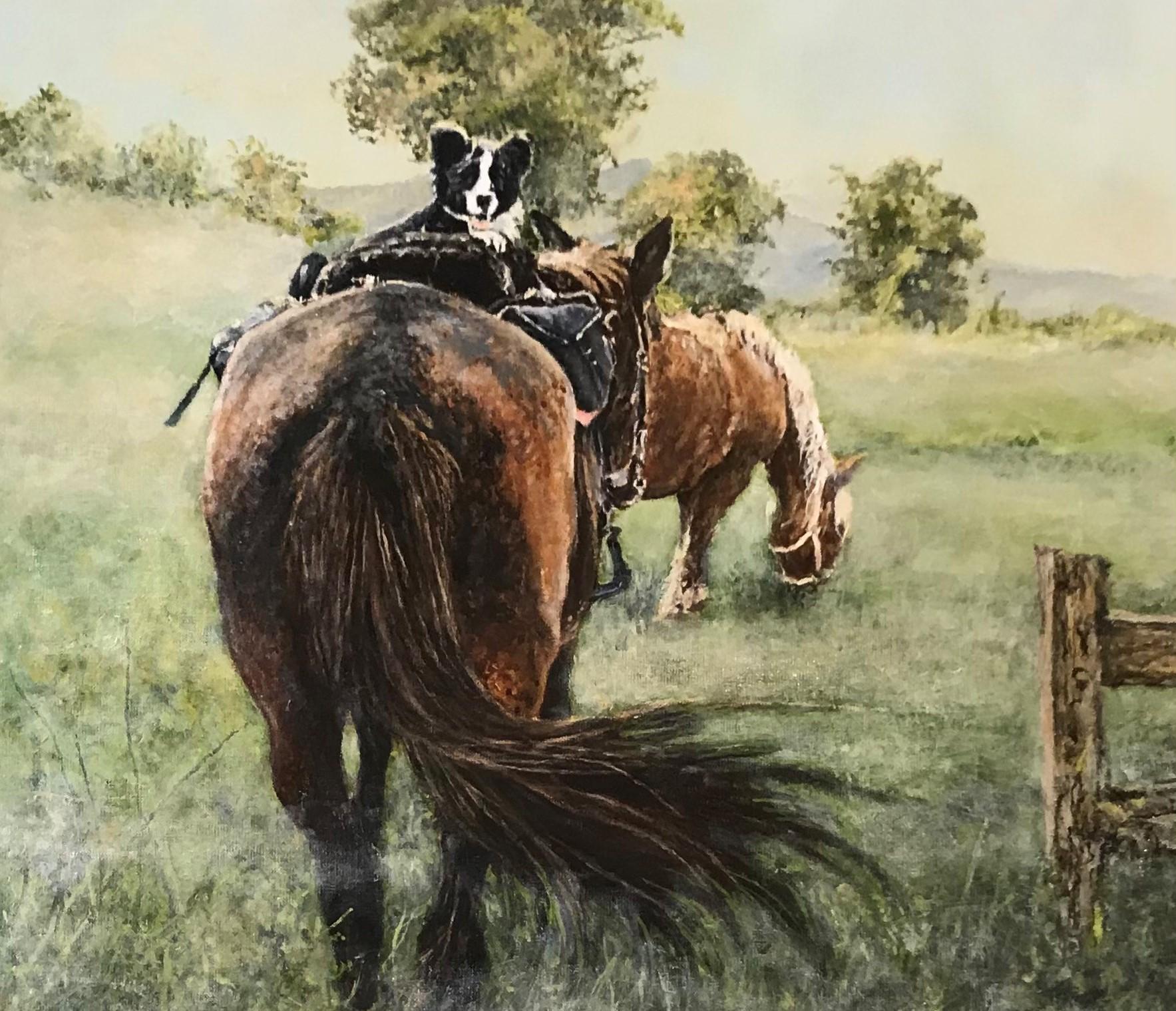 Paysage écossais sophistiqué, Terrier Border, chien et chevaux dans un charmant récit - Painting de David McEwen
